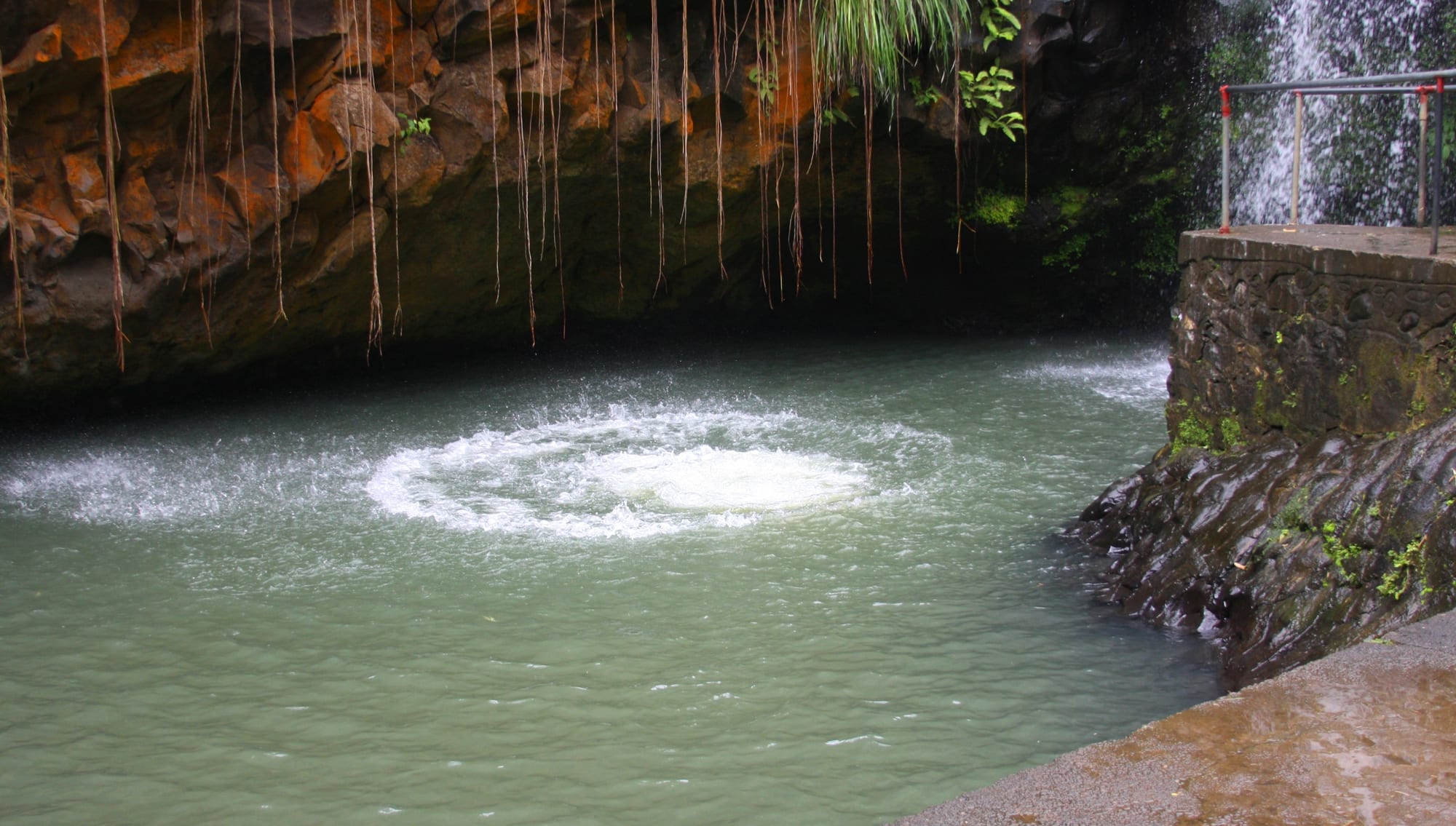A curtain of water dropping about 10 metres into a pool ringed by tropical plants