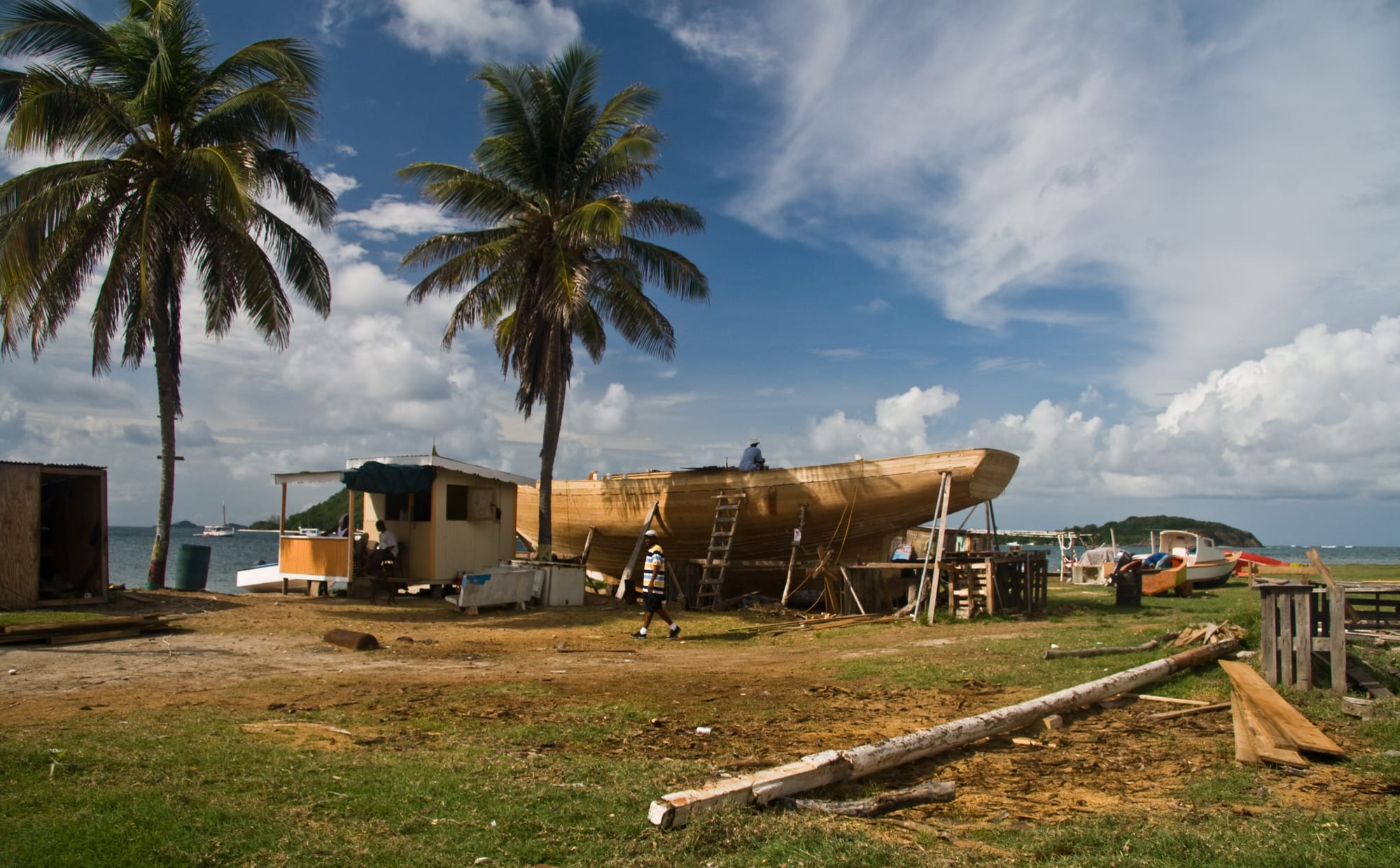 A large unpainted wooden boat hull stands on supports on a grassy shore, with a ladder against its side, a man working on deck, palm trees to the left and the sea behind