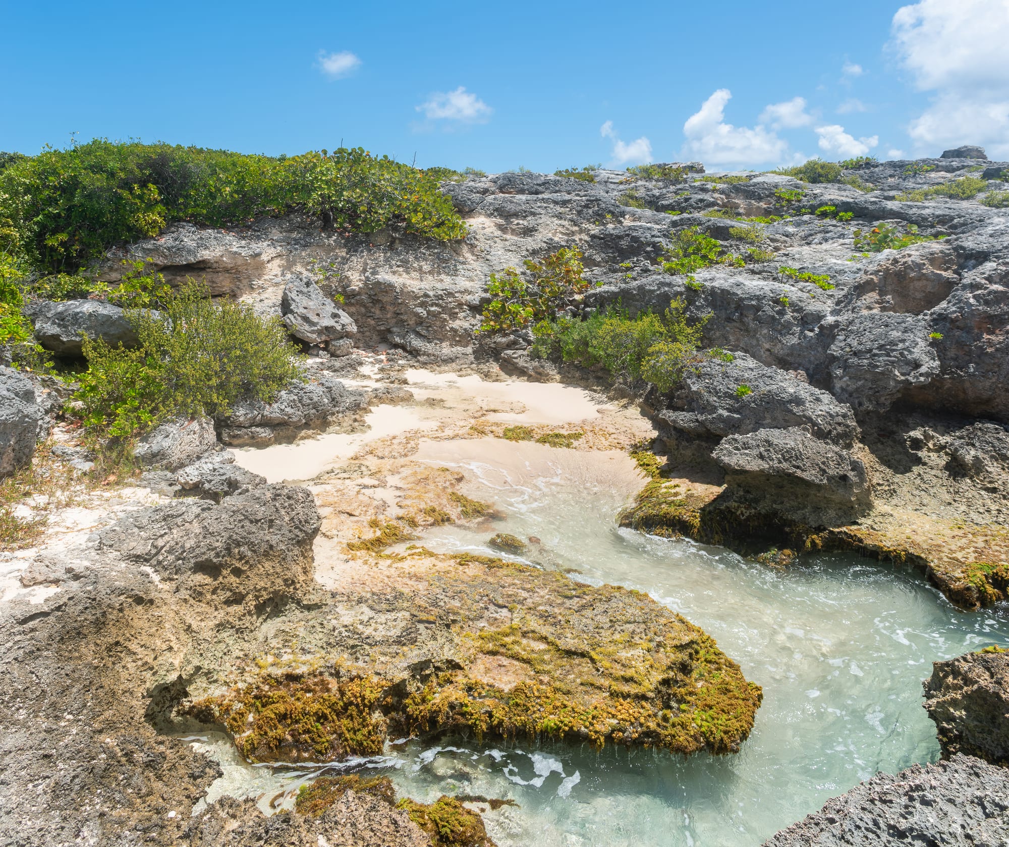 Jagged limestone cliffs and rock stacks battered by surf at the end of a peninsula