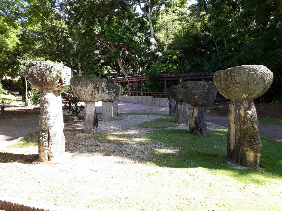 A row of two-piece stone pillars, each a shaft topped by a hemispherical cap, on a lawn under palms