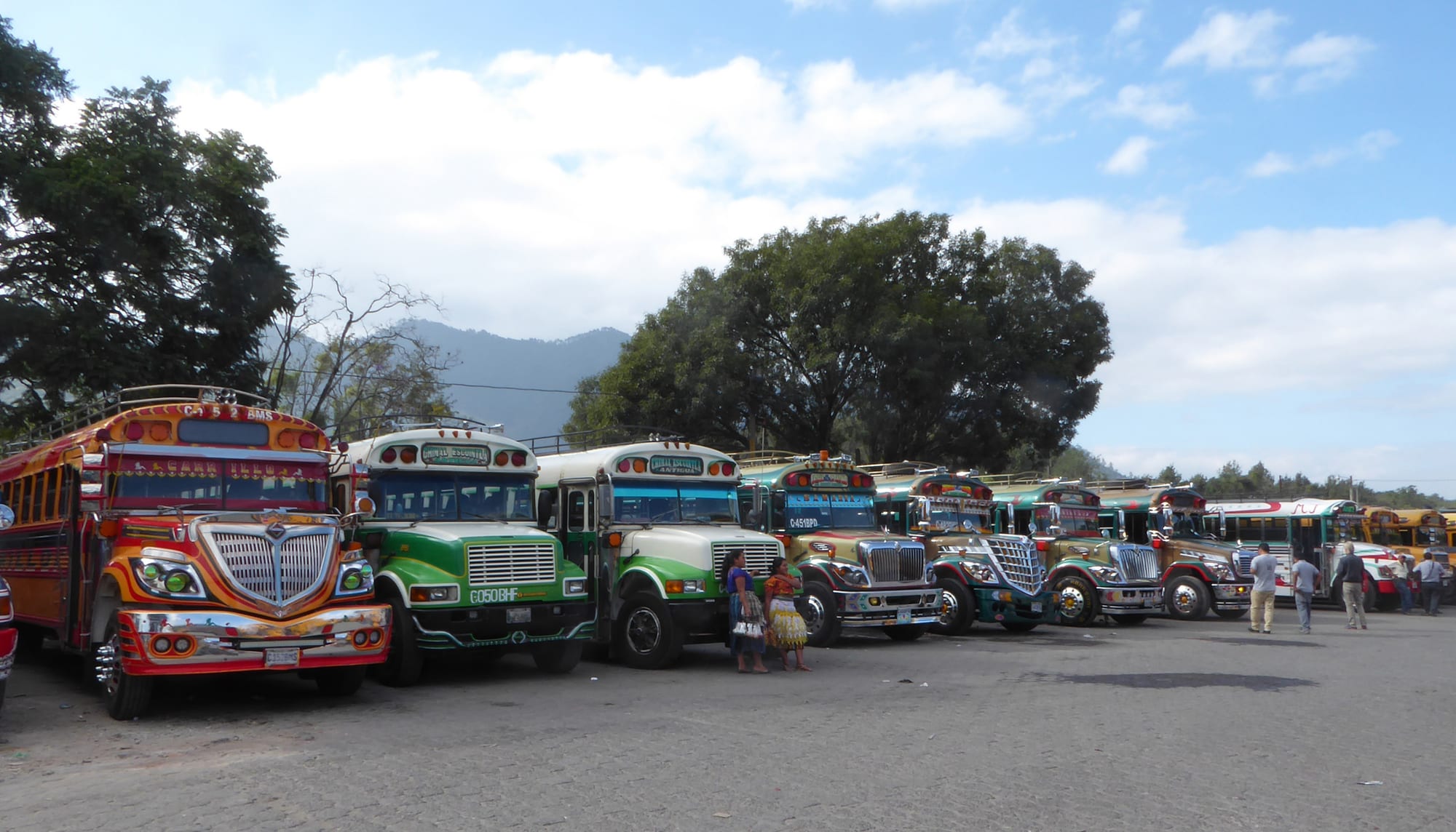 A row of brightly painted chicken buses parked in a yard with mountains behind