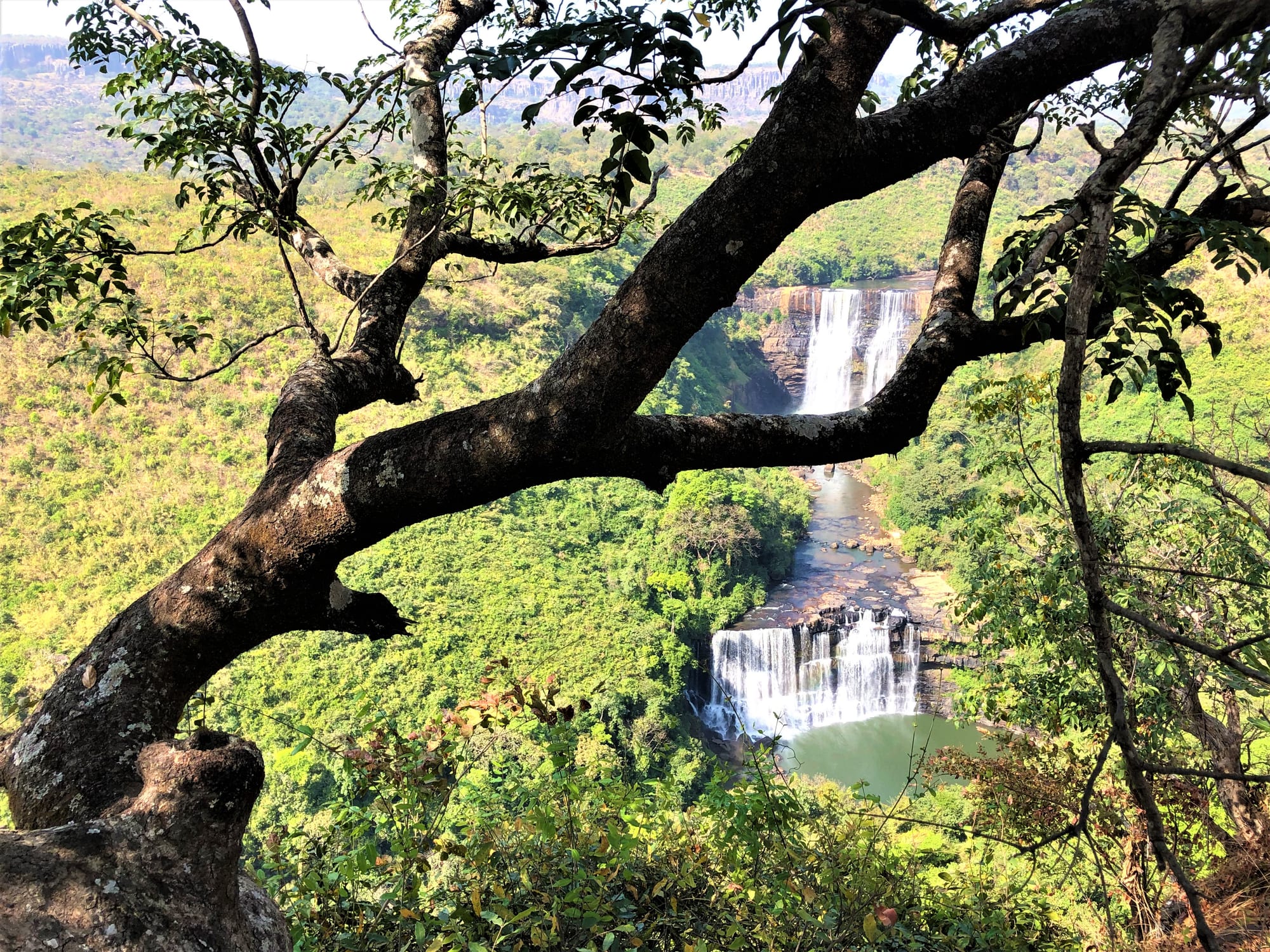 A powerful multi-channel waterfall dropping over dark cliffs into a gorge