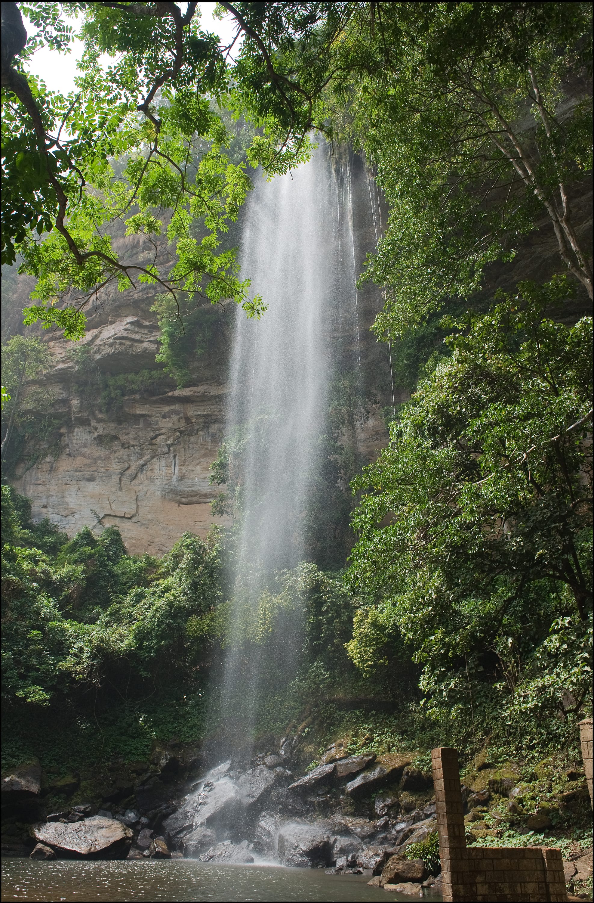 A wide waterfall spreading over a dark rock face into a forested pool