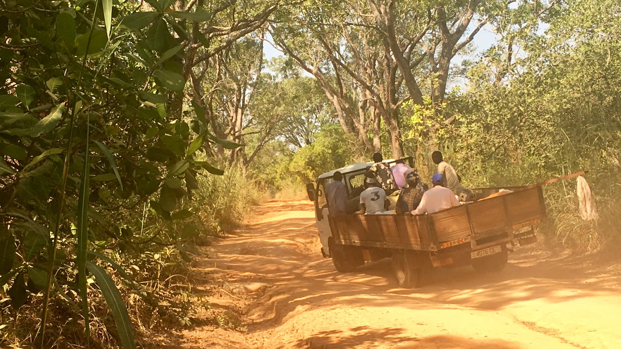 A truck packed with passengers sitting in the open back and cab, driving down a red dirt road through a canopy of cashew trees