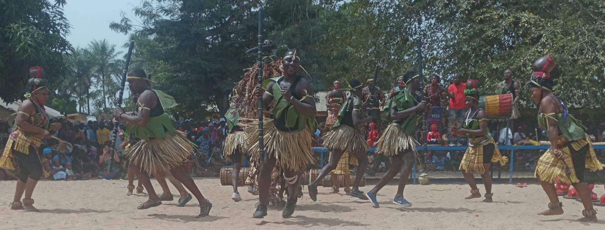 A troupe of dancers in costumes of leaves and raffia skirts, some carrying tall staffs, perform on sandy ground in front of a large seated crowd beneath trees
