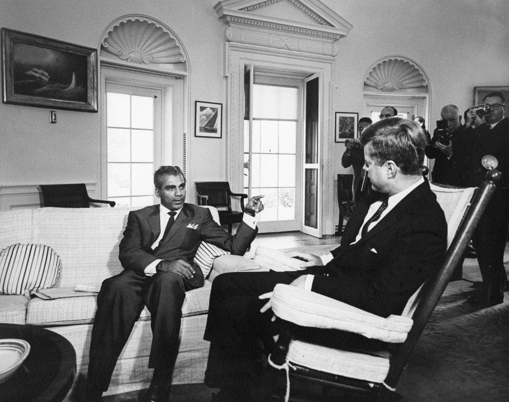 Cheddi Jagan seated with President John F. Kennedy in the White House, 1961