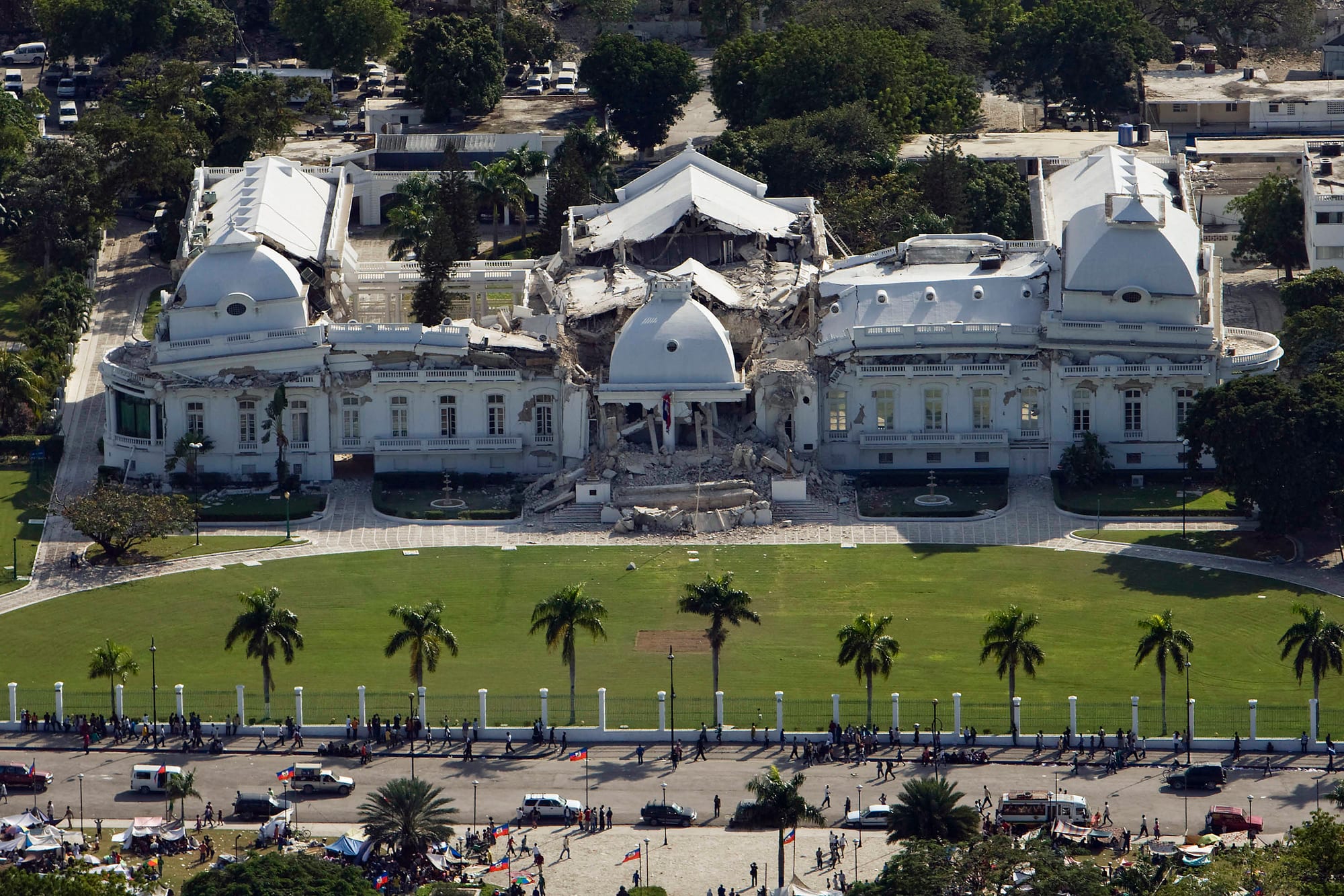 The domed National Palace of Haiti with its upper floors collapsed after the 2010 earthquake