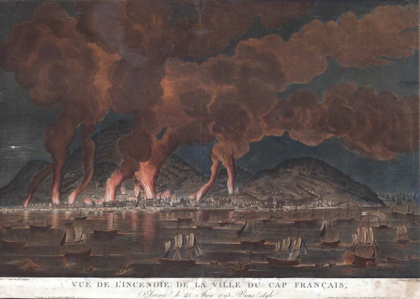 A coloured 18th-century engraving of a harbour town in flames at night below dark hills, with columns of orange smoke rising and sailing ships crowding the bay in the foreground