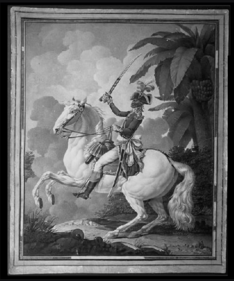 An equestrian portrait of Toussaint Louverture in a general's uniform on a white horse