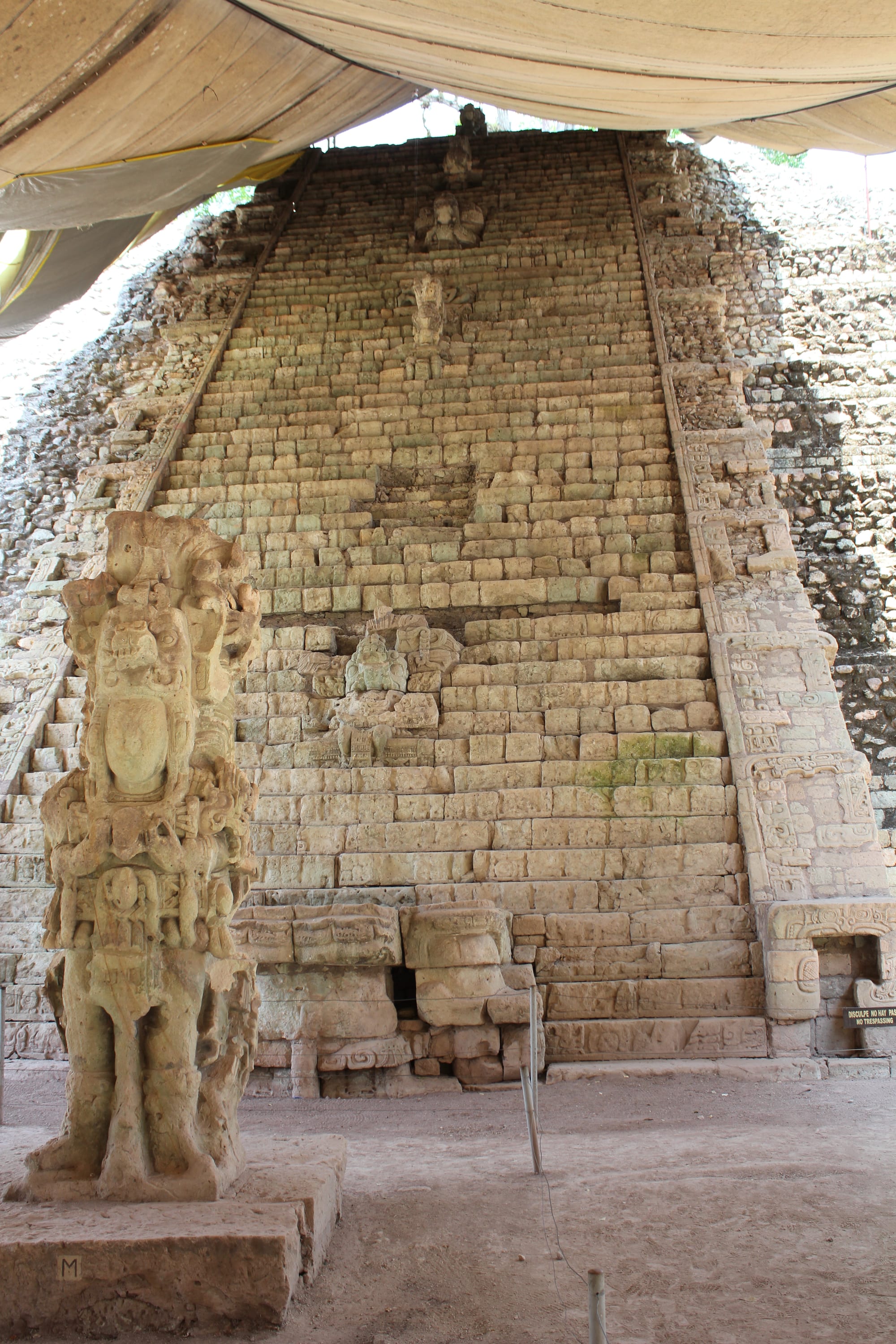 A steep stone staircase covered in carved glyphs, sheltered under a roof