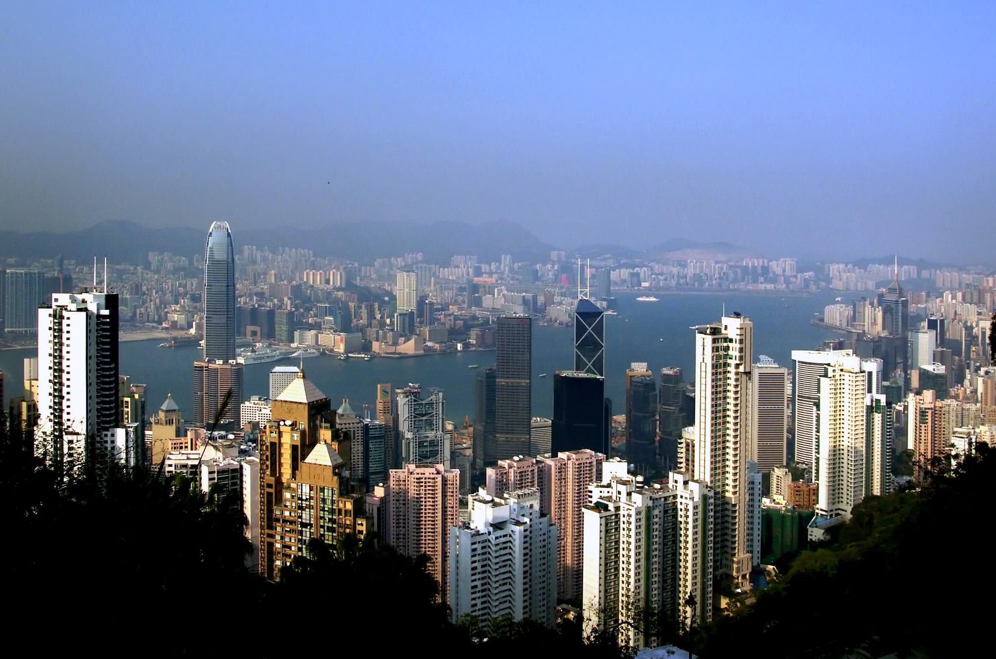 A view down over a dense mass of skyscrapers, the harbour, and Kowloon beyond