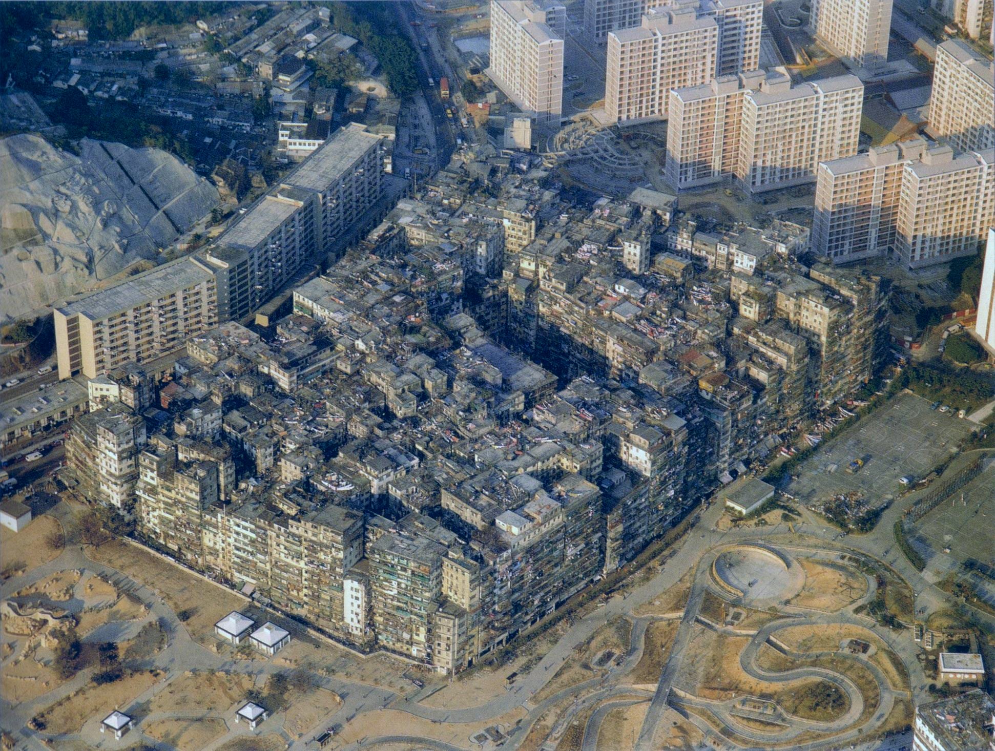 An aerial view of an extraordinarily dense block of tangled high-rise buildings