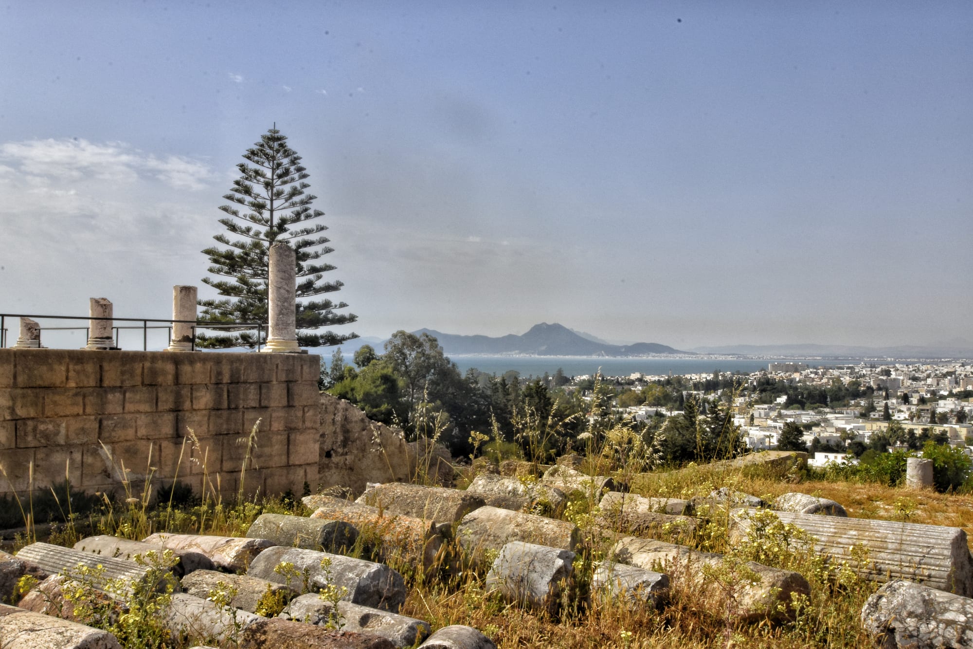 Fallen stone column drums and a low ancient wall on a hilltop, with a pine tree, white suburbs and a bay backed by mountains beyond