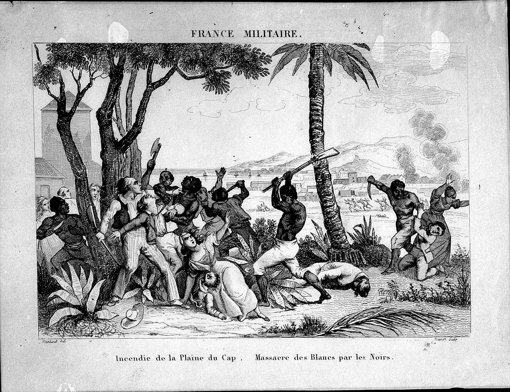 A black-and-white engraving of armed men attacking colonists beneath palm trees, with a burning town and harbour behind
