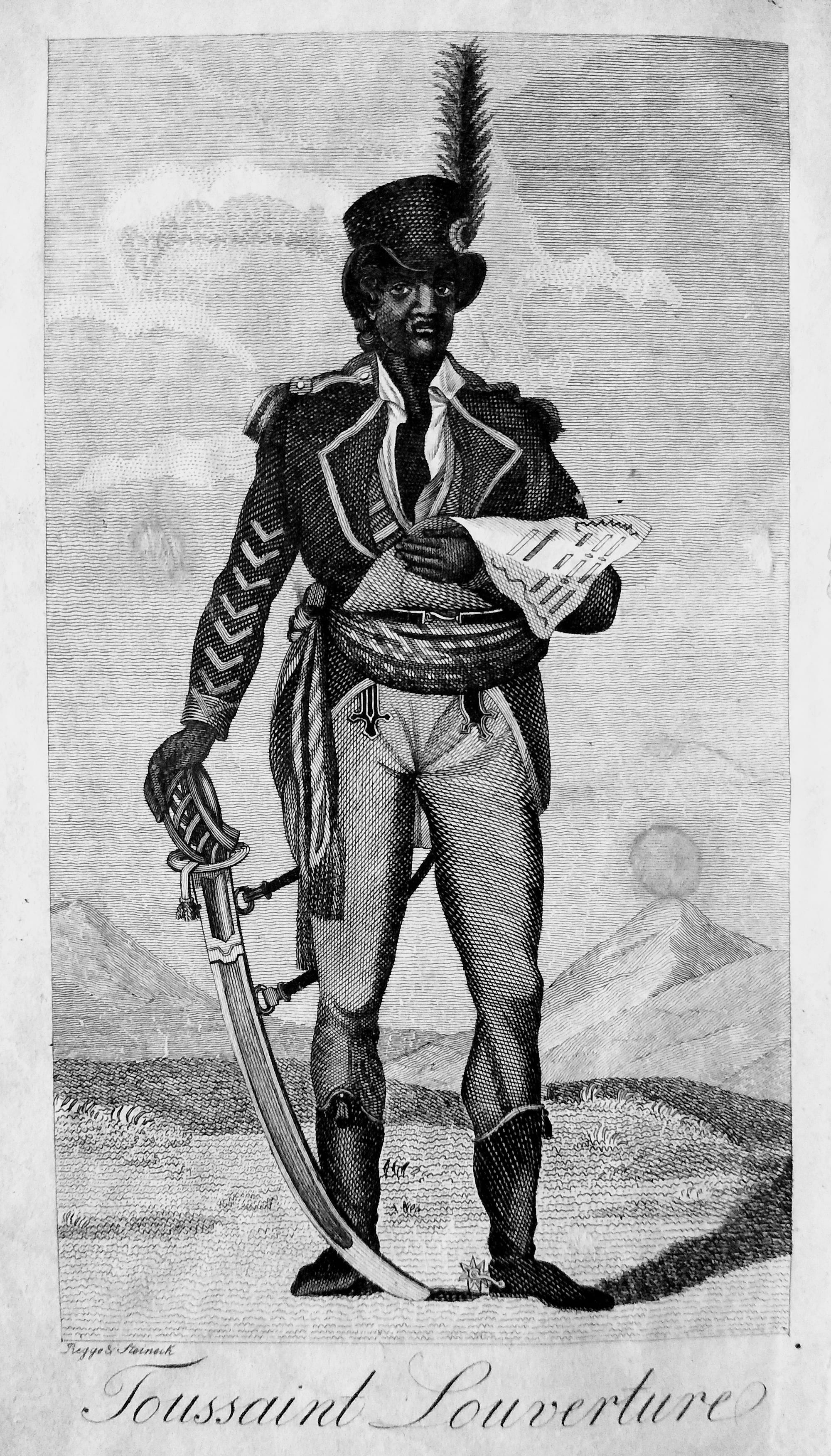 An engraved full-length portrait of a man in a military uniform and plumed hat, holding a sword and a document, with mountains behind