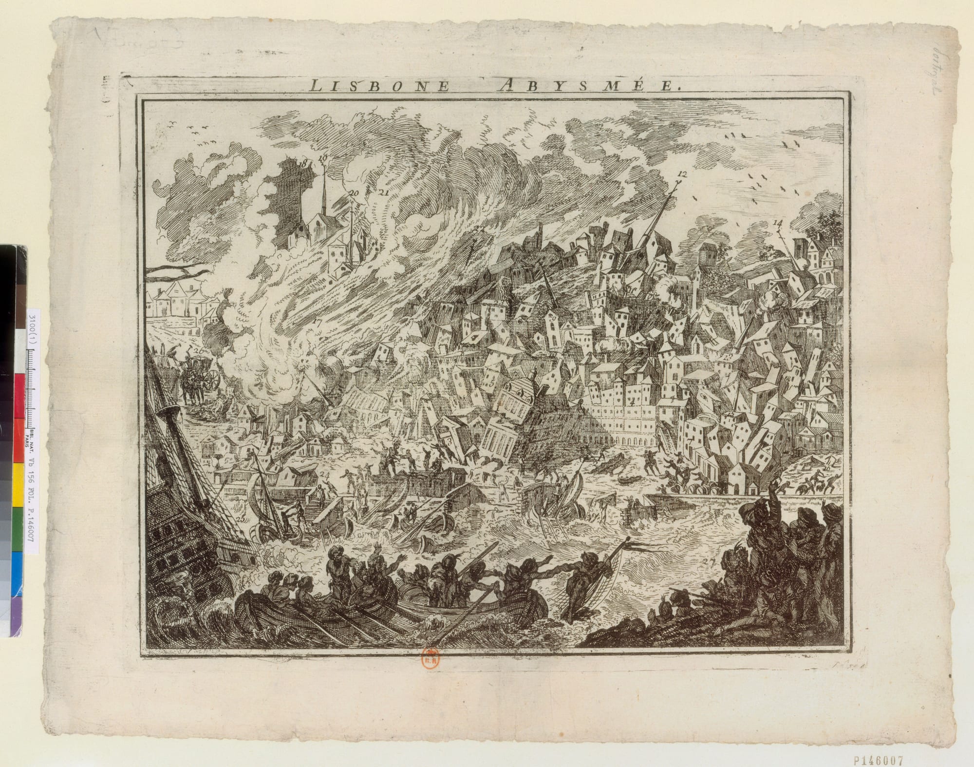 An 18th-century engraving of a city of tilting, collapsing houses and burning churches beside a harbour, with boats tossed on rough water and people fleeing in the foreground