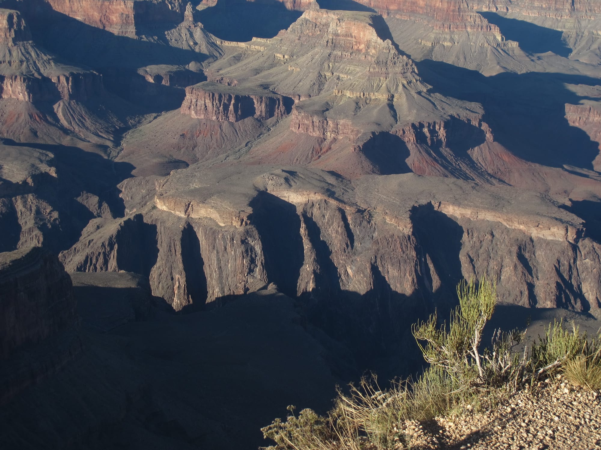Dark, steep, vertically streaked rock below a thin, pale ledge of layered sandstone, with stepped canyon terraces above in late sunlight