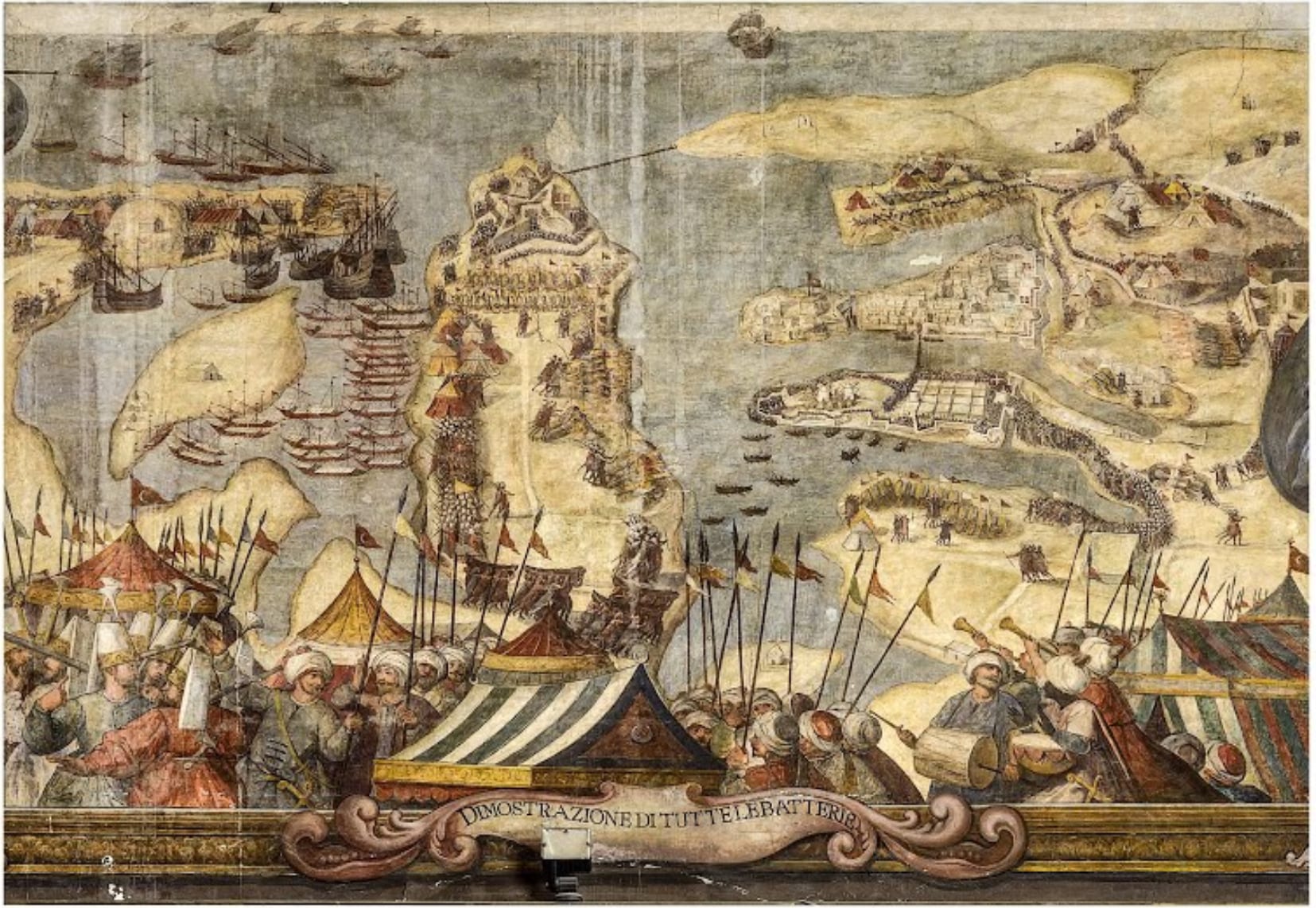A crowded fresco showing a harbour full of galleys, fortified peninsulas under cannon fire and Ottoman soldiers with turbans, drums and banners in the foreground