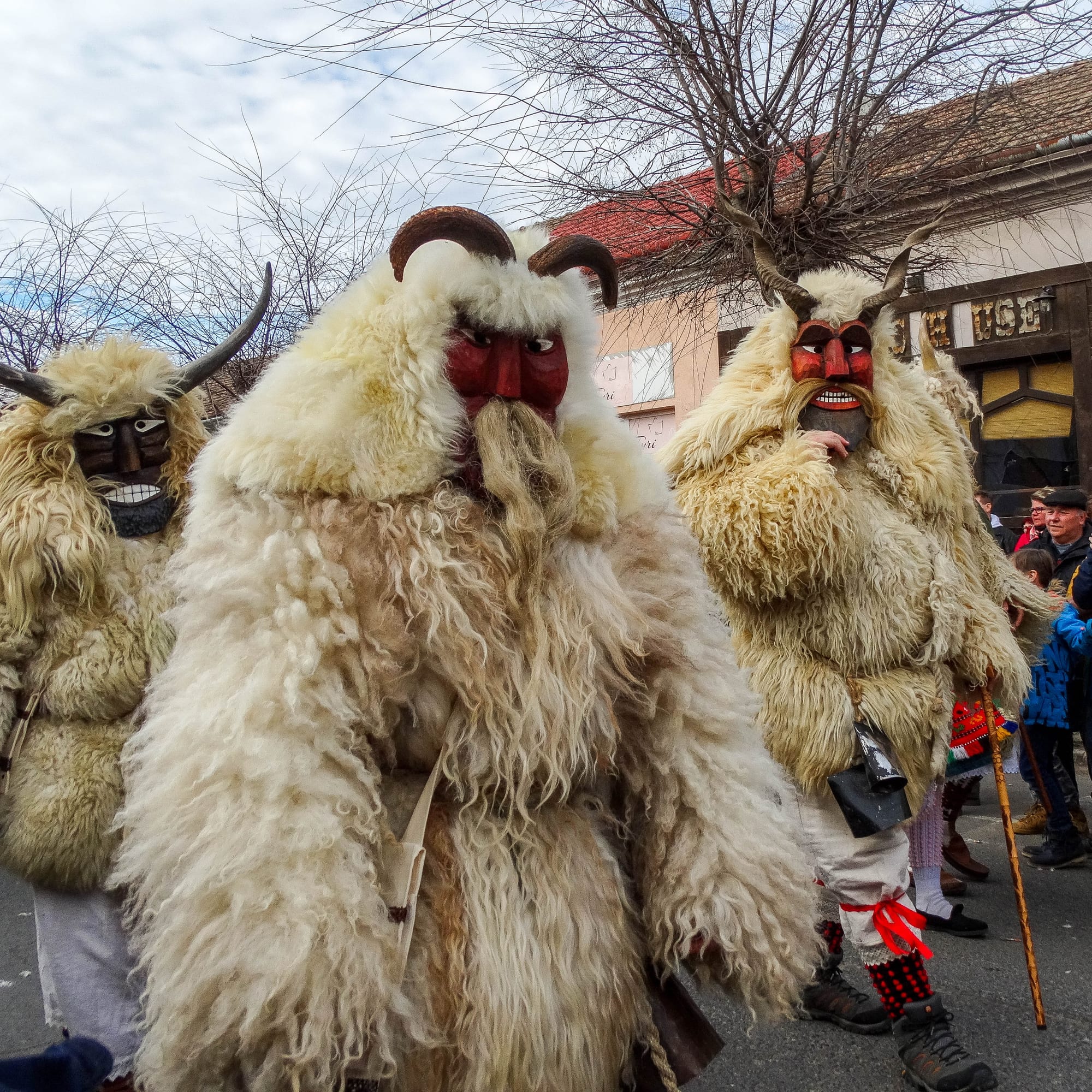 Three figures in long, shaggy white sheepskin cloaks and carved wooden masks, two painted red and one dark, with curved horns, walk down a street under bare trees