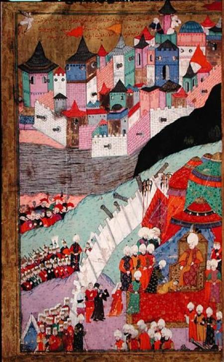 An Ottoman manuscript miniature of the siege of Buda, with tents, cannon and the walled city