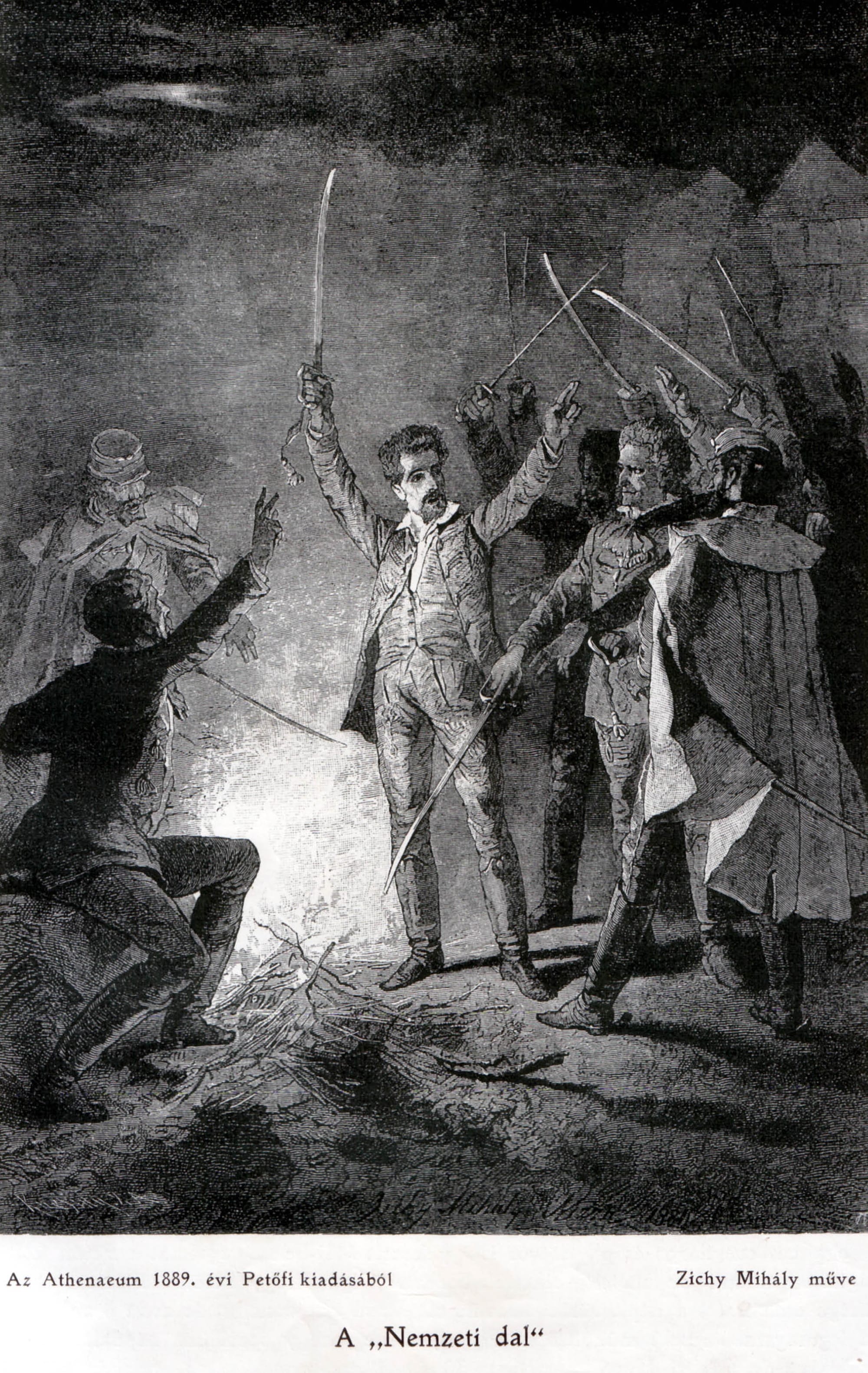 A dramatic drawing of the poet Petőfi reciting to a crowd on the steps of a museum in 1848