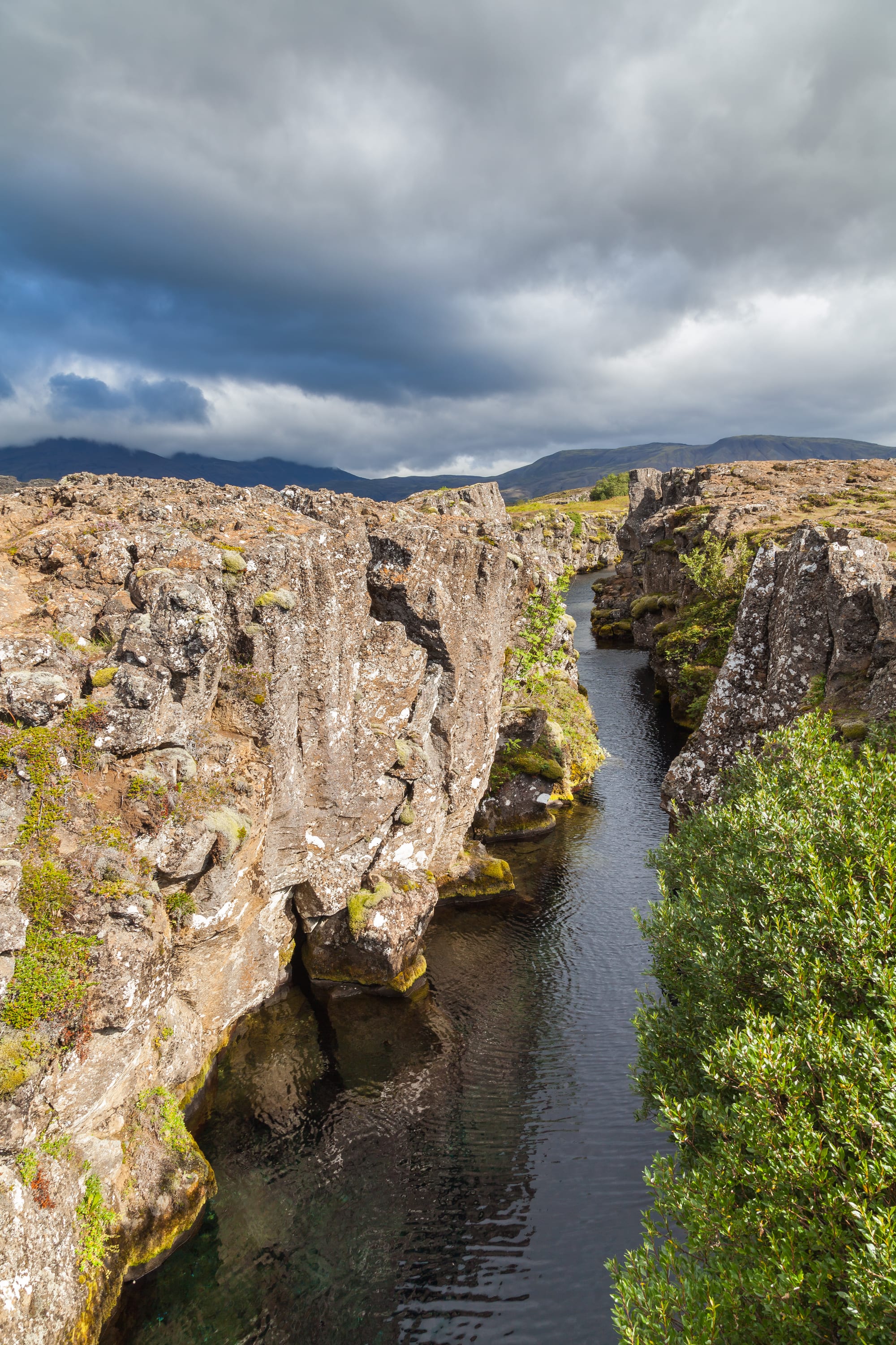 A deep, water-filled rock fissure between mossy lava cliffs