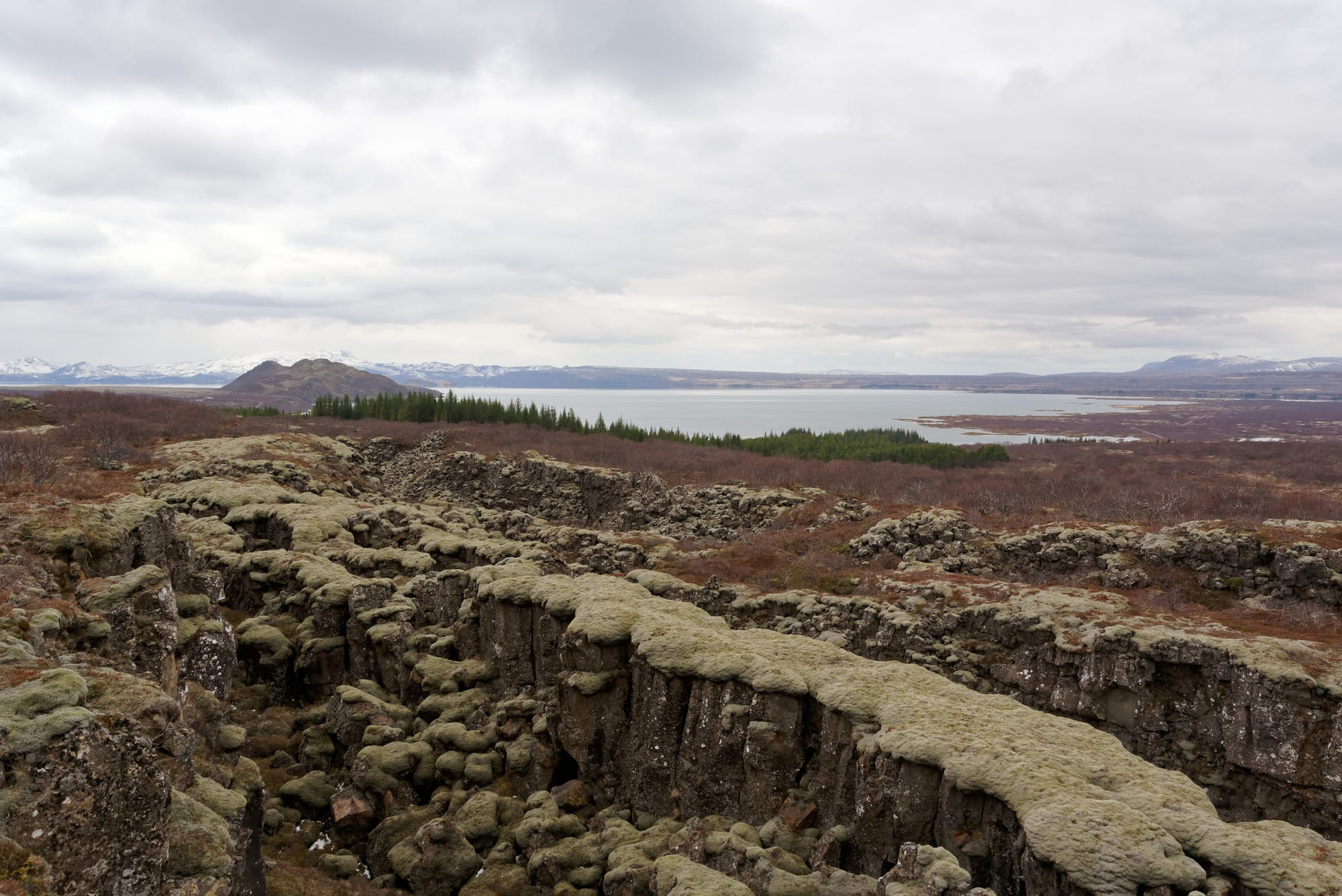 A wide rift valley of dark lava cliffs and green plain with a river winding through it