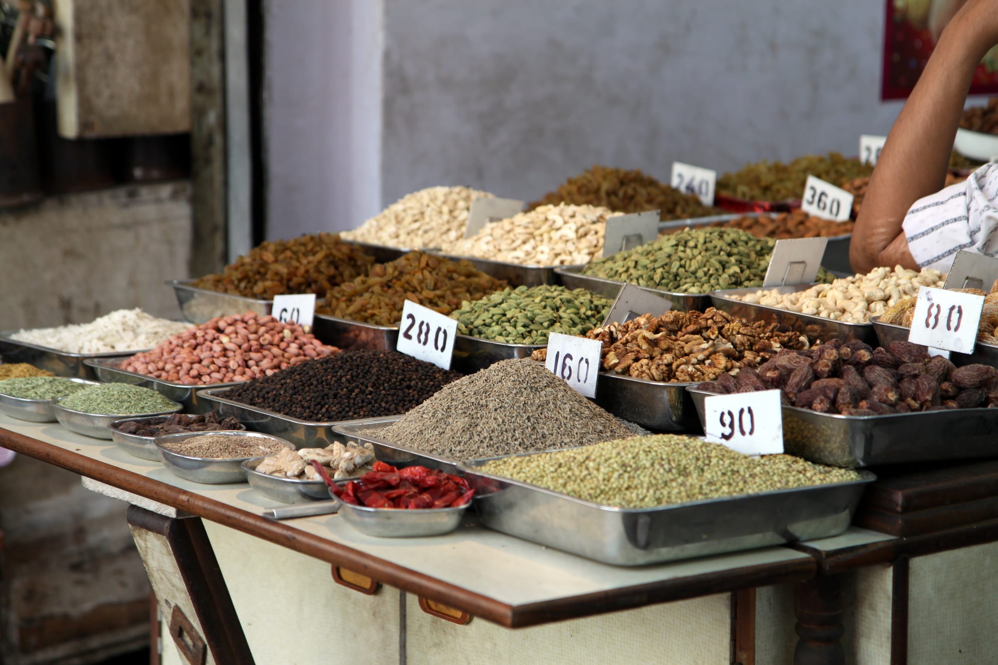 A spice shop with sacks of colourful ground and whole spices