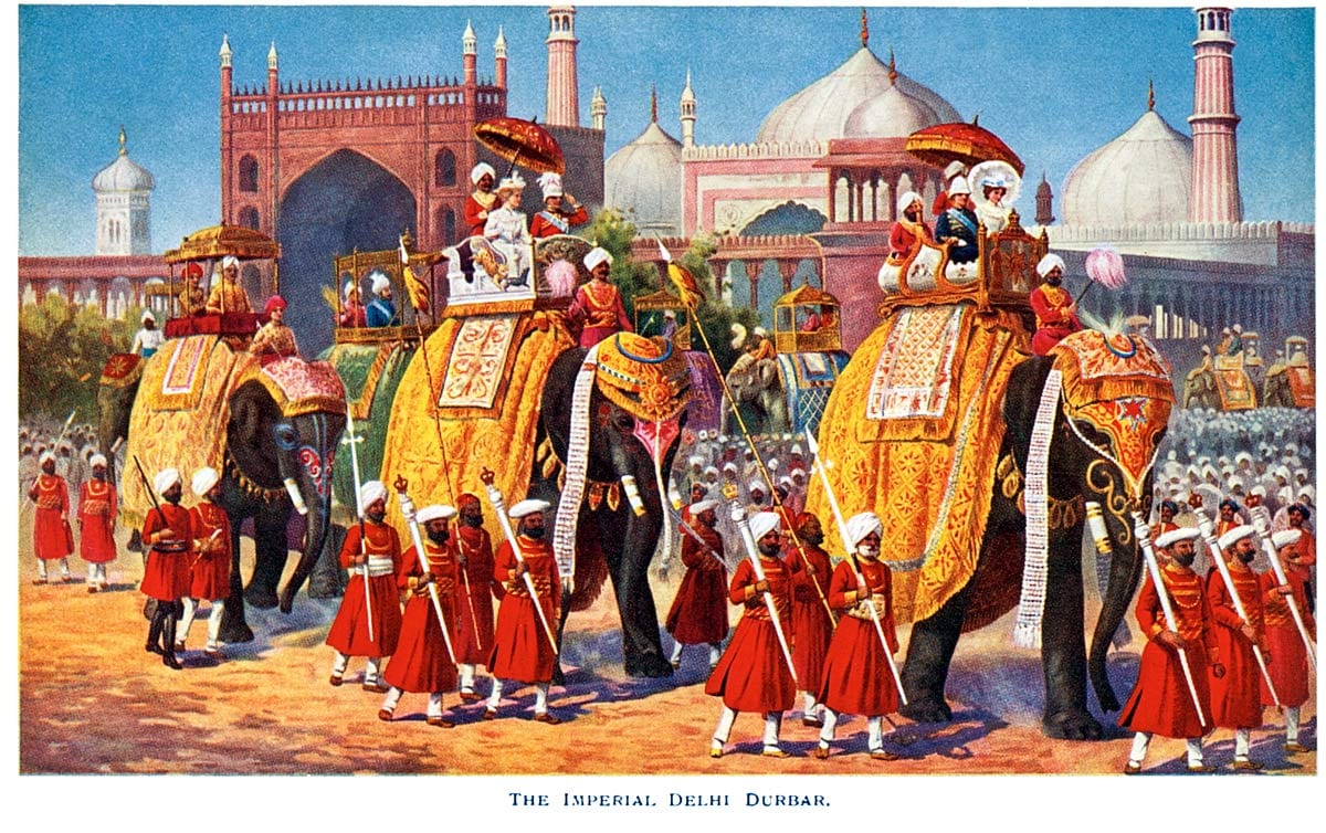 A grand imperial assembly with elephants and troops at the Delhi Durbar
