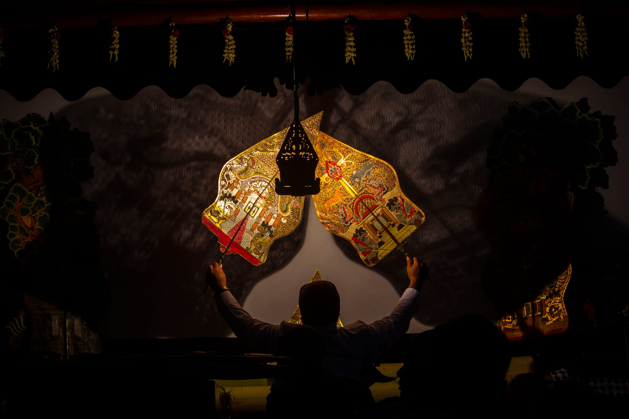 A puppeteer seen from behind raises two ornate, leaf-shaped leather puppets against a lit white screen, framed by a decorated canopy