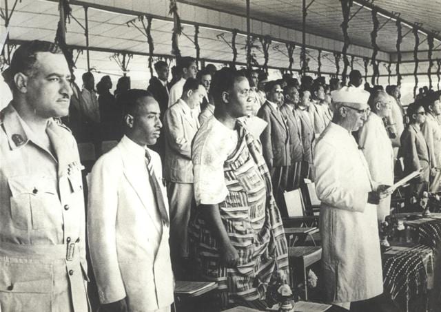 Delegates seated in a large hall at the 1955 Asian-African Conference in Bandung