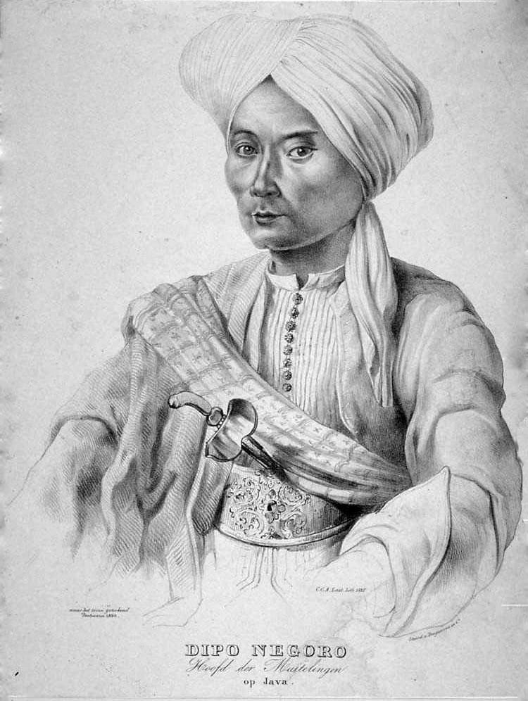 An 1835 lithograph portrait of Prince Diponegoro in a turban and robe