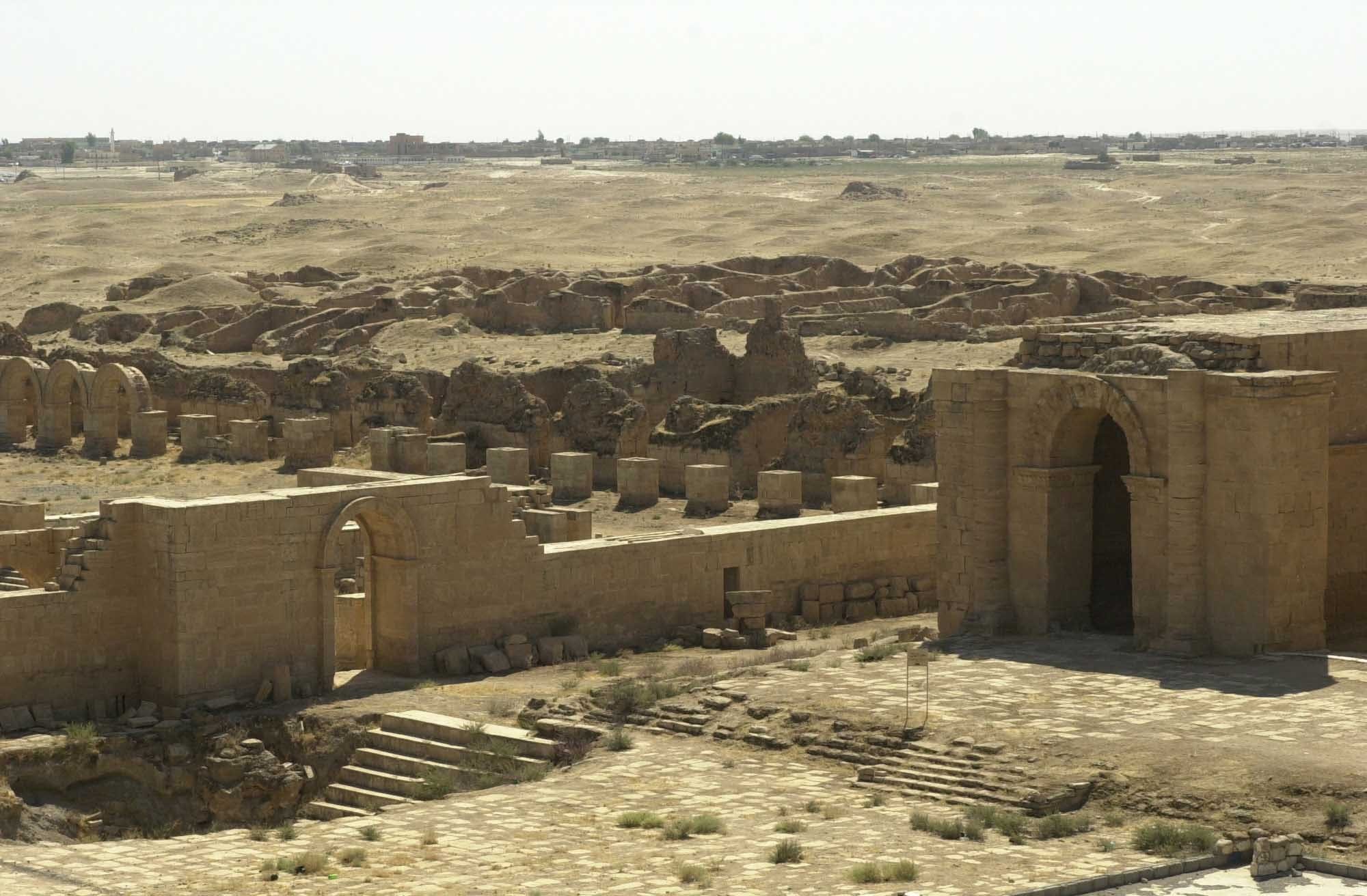 Rows of tall columns and a carved stone temple facade standing in a desert