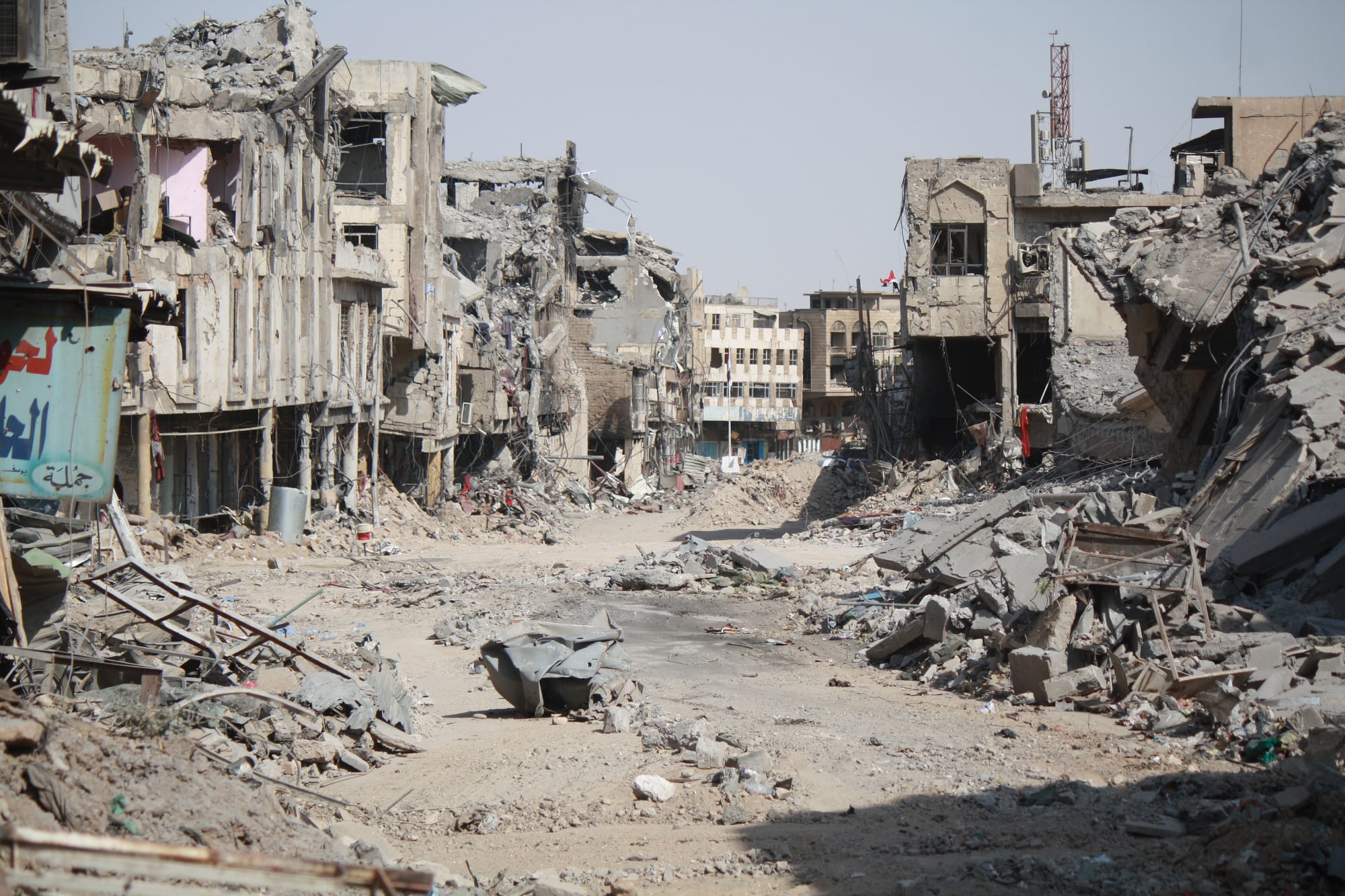 Block after block of flattened and shattered buildings in the old city of Mosul