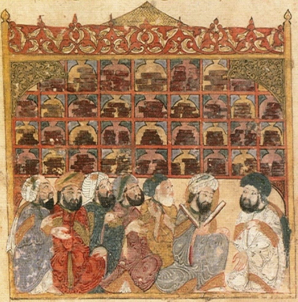 A 13th-century Arabic manuscript illustration of scholars in a library at Baghdad
