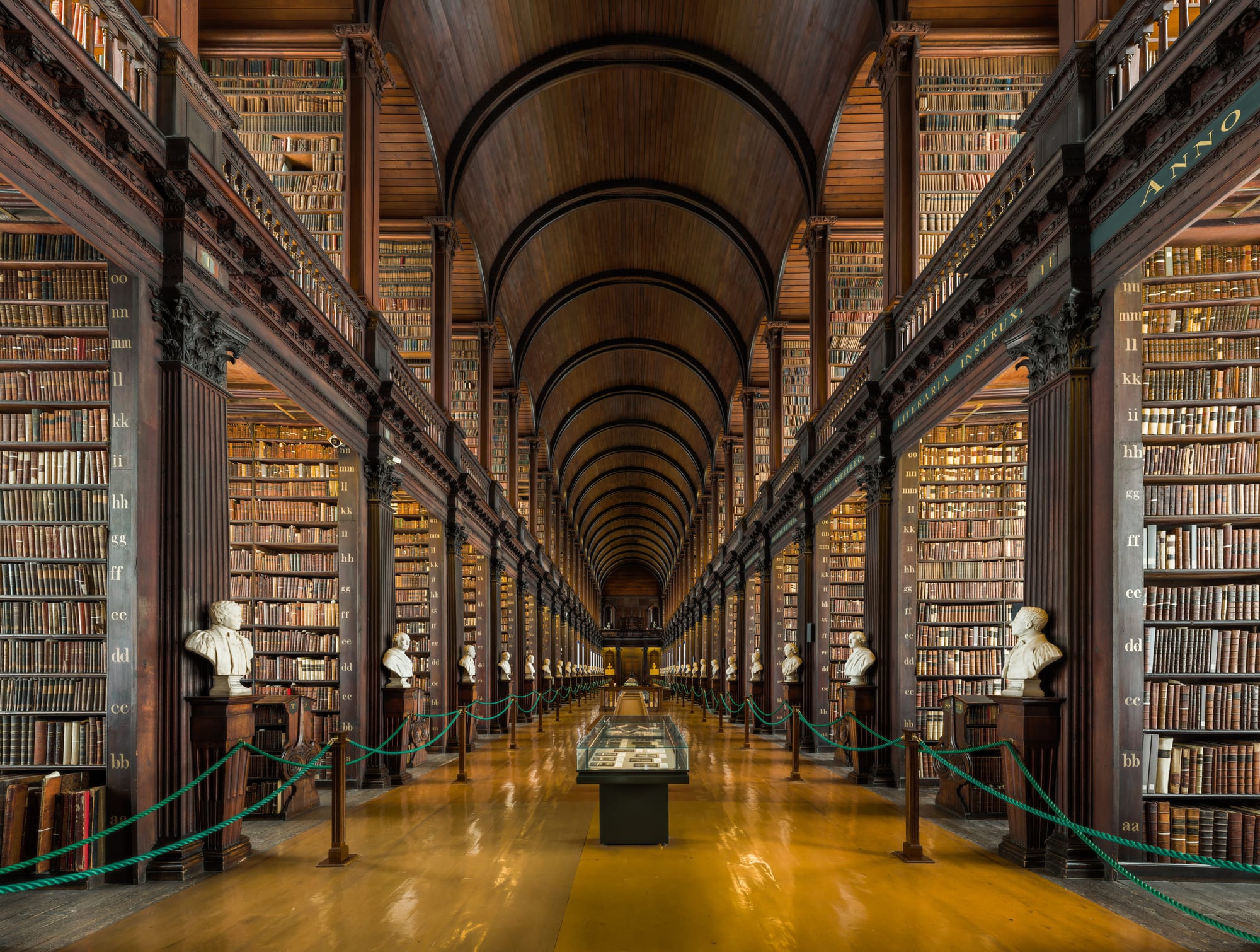A vast barrel-vaulted library hall lined floor to ceiling with old books and marble busts