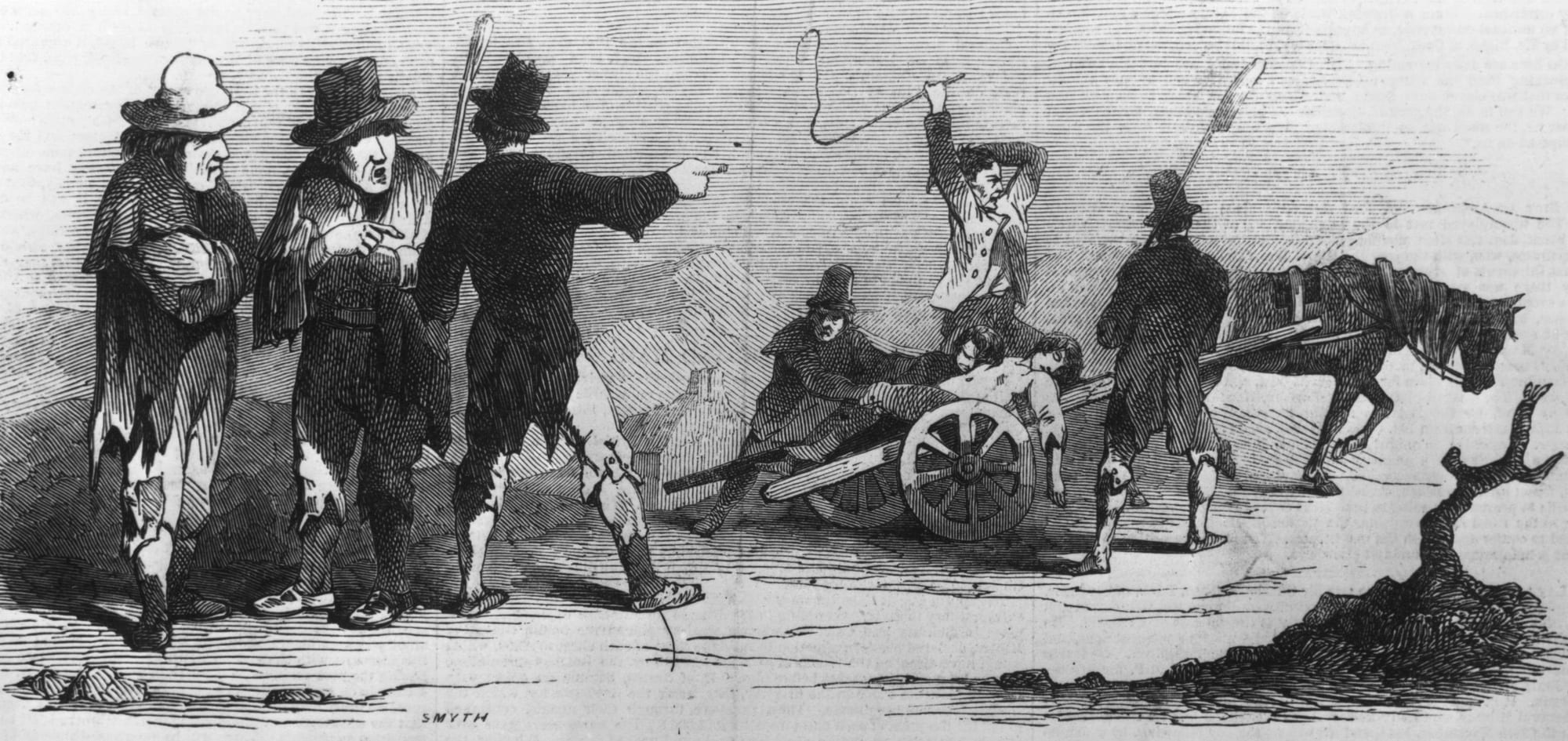 An 1847 engraving of a bleak funeral procession in the snow during the Irish Famine