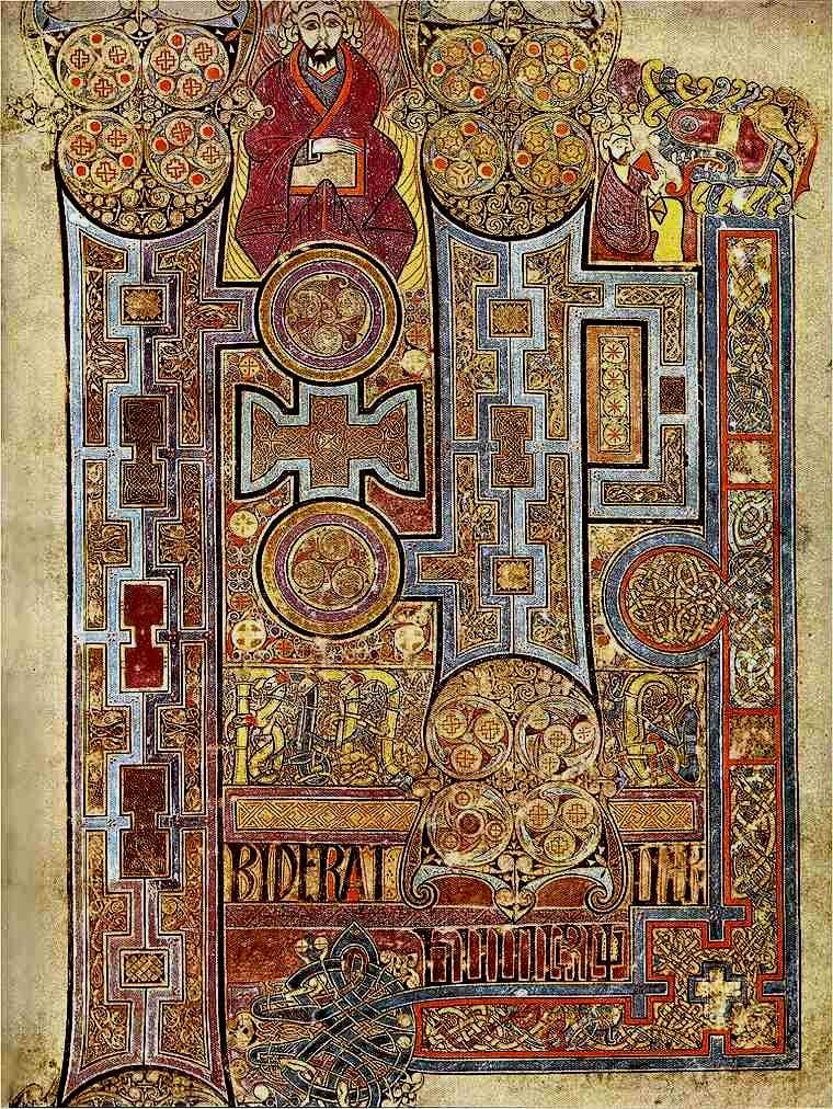 An elaborately illuminated page of the Book of Kells with interlaced patterns and gold