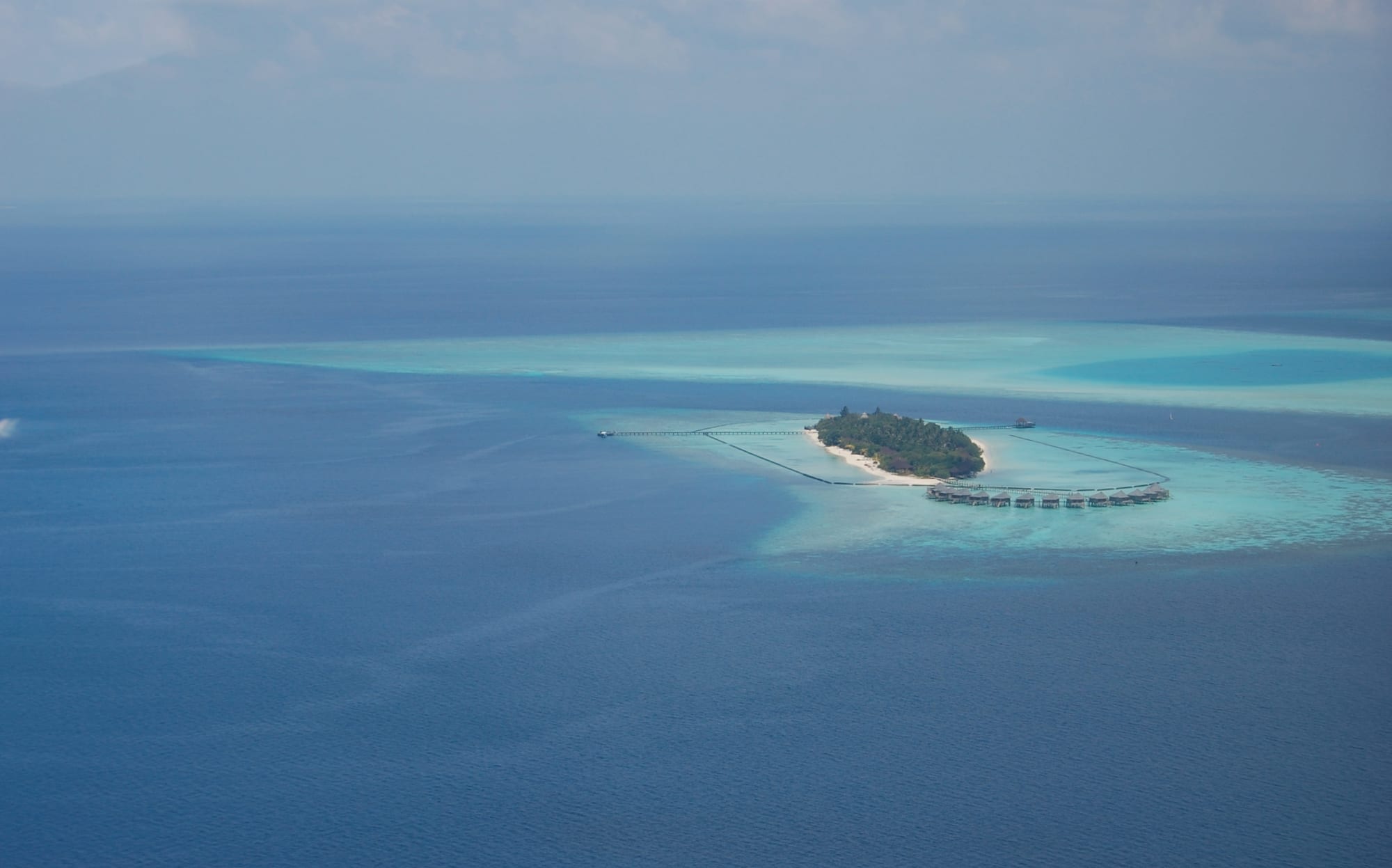 A single small green island ringed by white sand and pale turquoise reef, alone in a wide blue sea