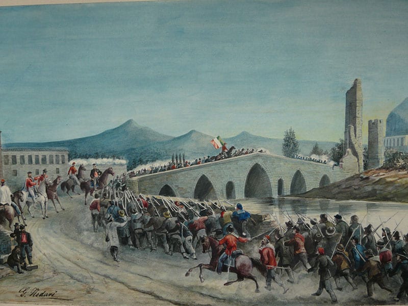 A painting of Garibaldi's red-shirted volunteers storming across a bridge near Palermo in 1860