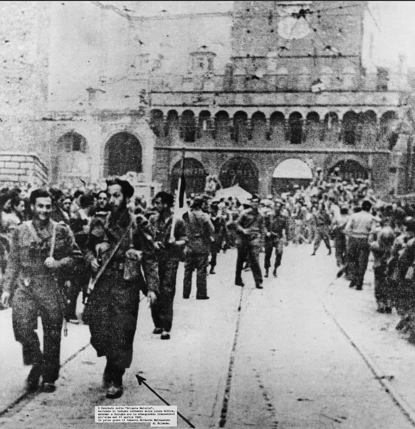 Crowds greeting partisans and Allied troops in the streets of Bologna in April 1945