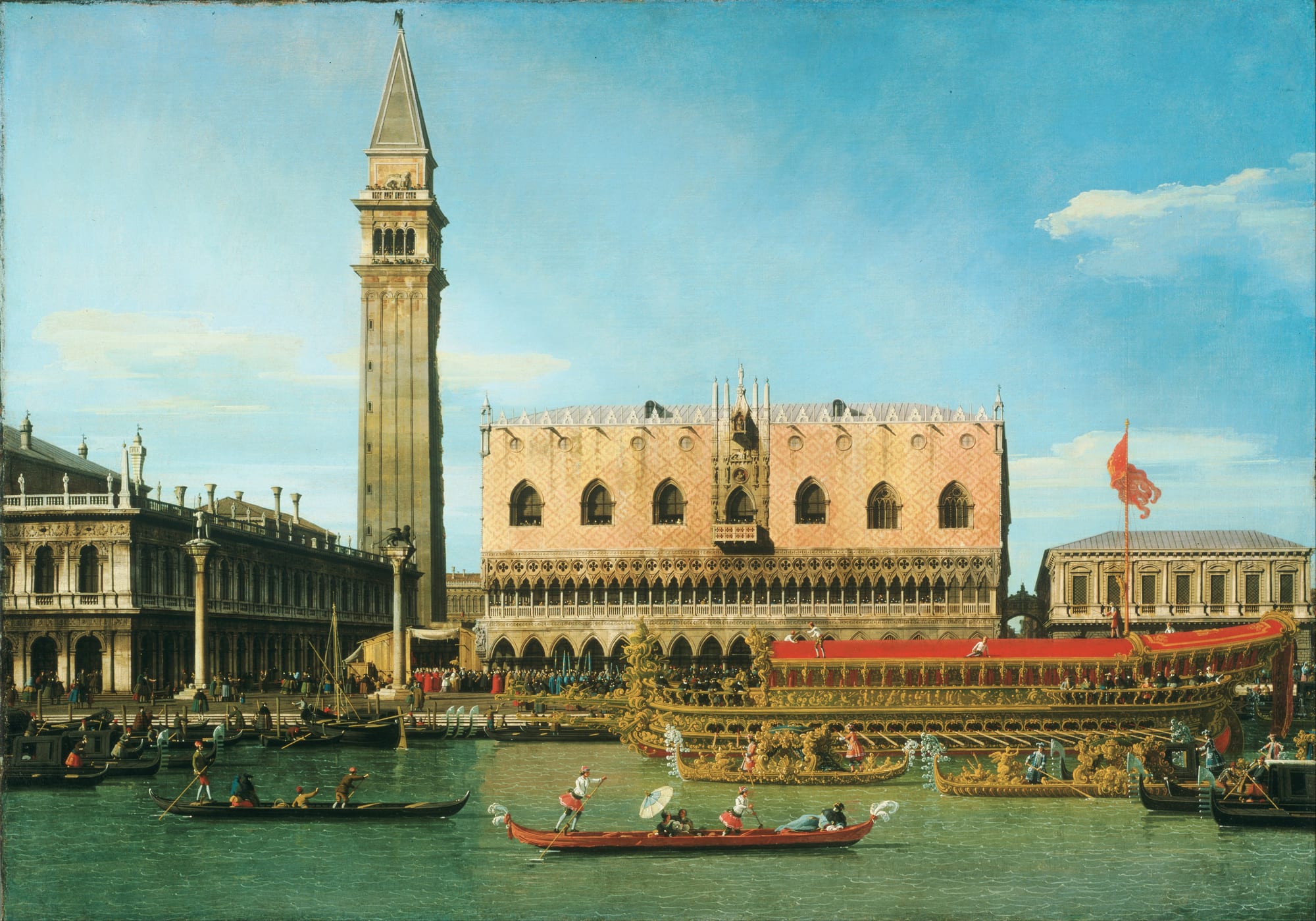 An 18th-century painting of Venice's waterfront: a gilded ceremonial barge with a red canopy moored before the pink Doge's Palace and the tall bell tower, with gondolas in the foreground