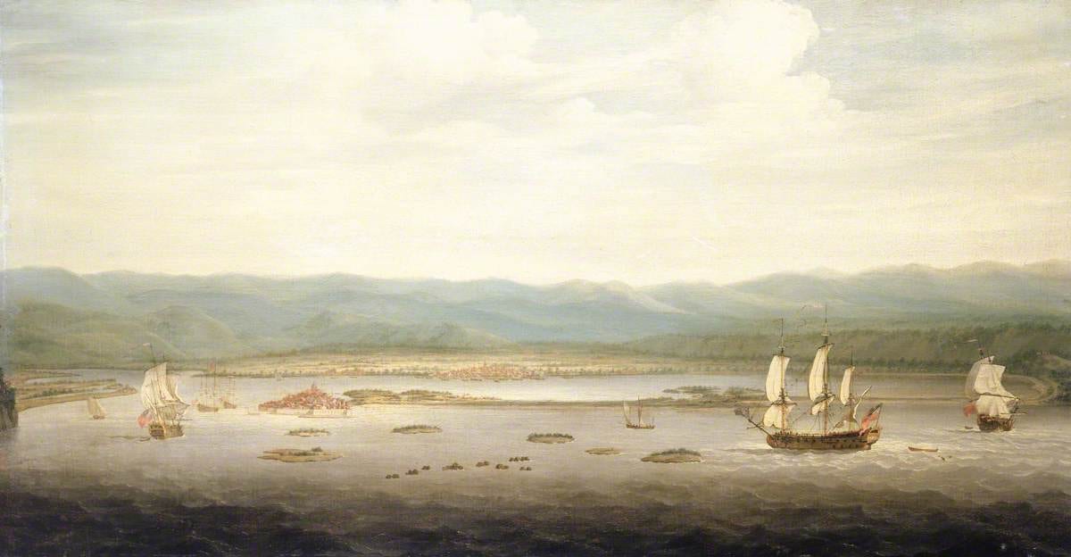 An 18th-century painting of sailing ships in a busy harbour before a low fortified town