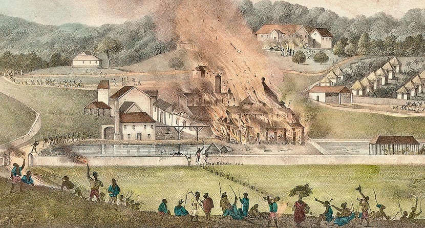 An 1833 print of an estate great house and cane fields ablaze during the 1832 slave revolt