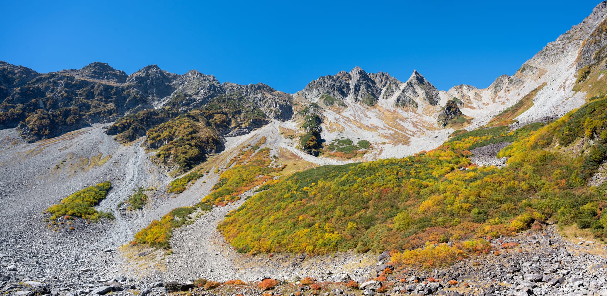 A clear river winding through a valley beneath jagged, partly snow-covered peaks