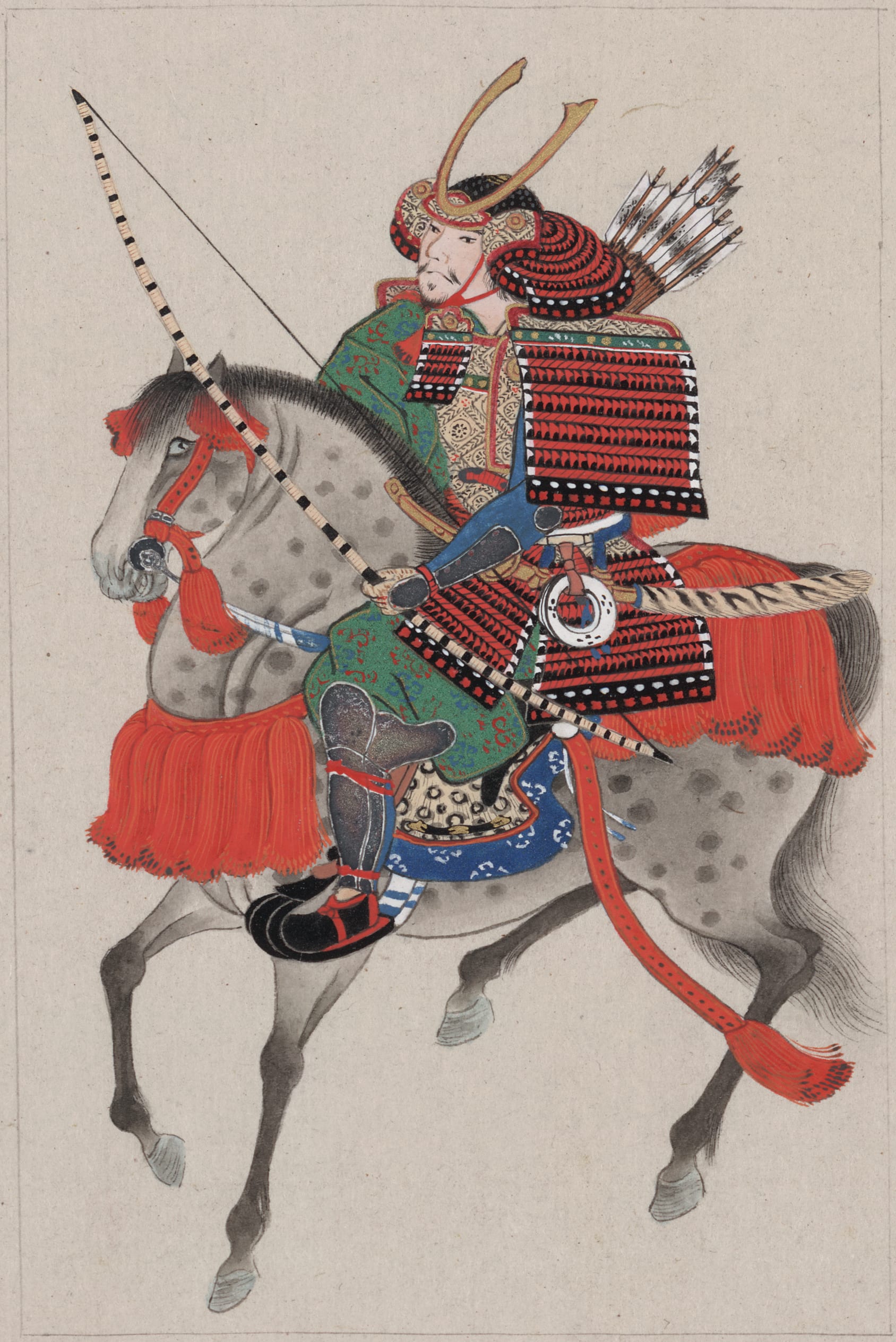 A 19th-century photograph of an armoured samurai on horseback with a bow