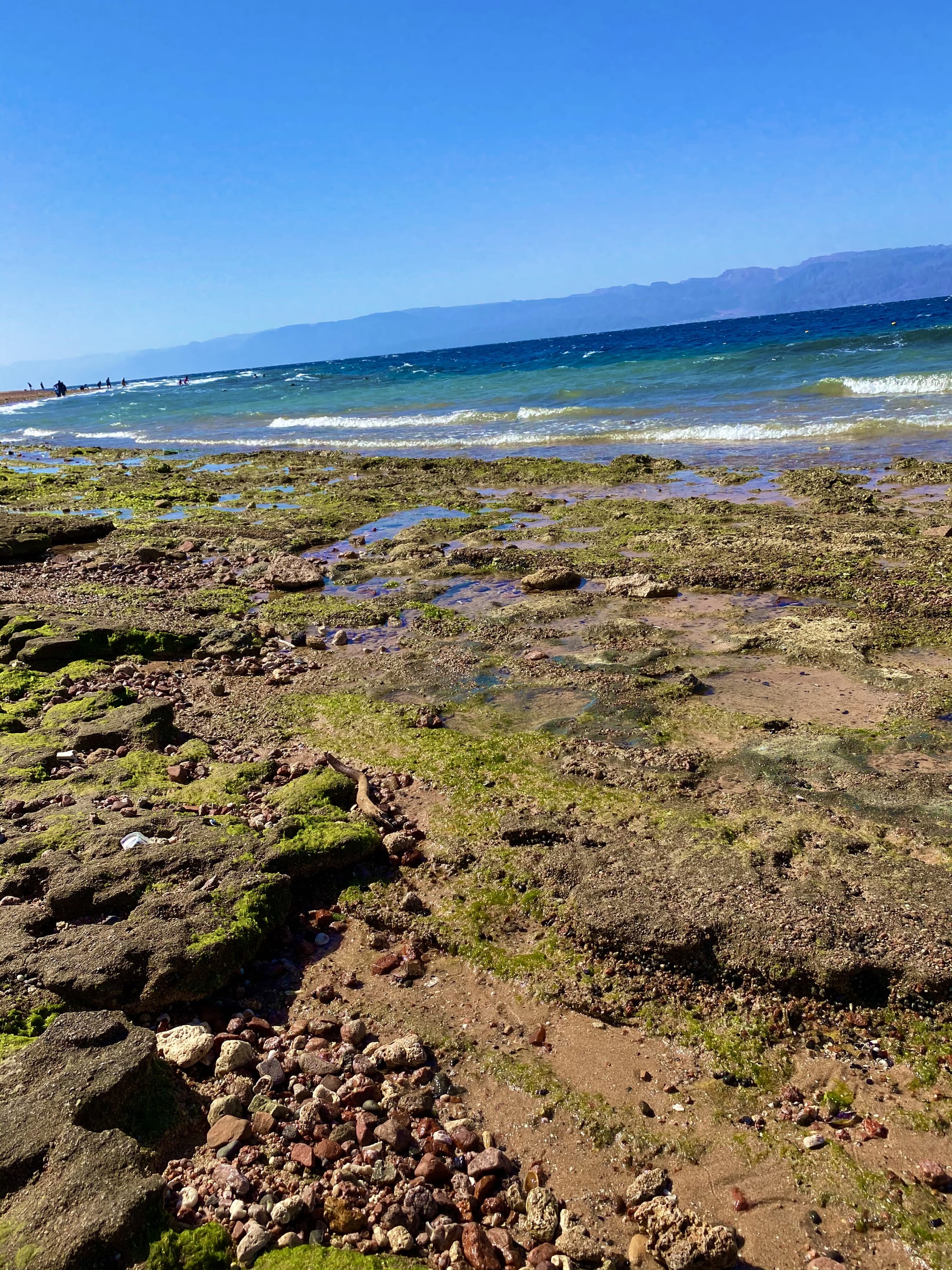 Clear blue sea and a beach with mountains of Egypt and Israel visible across the gulf