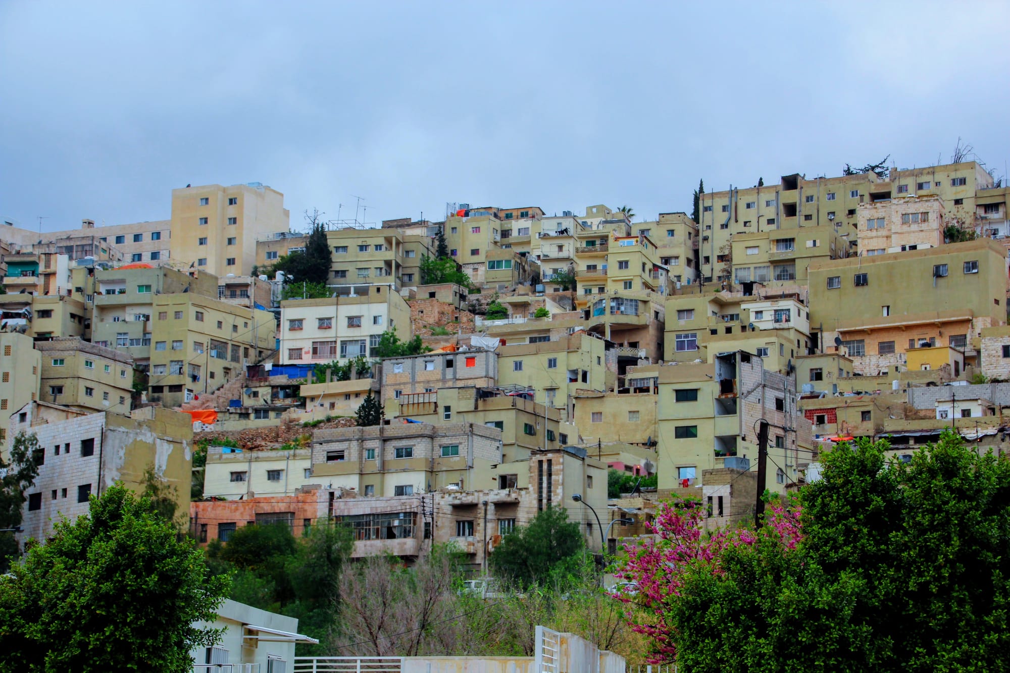 Densely packed cream and beige stone houses climbing a steep hillside in central Amman