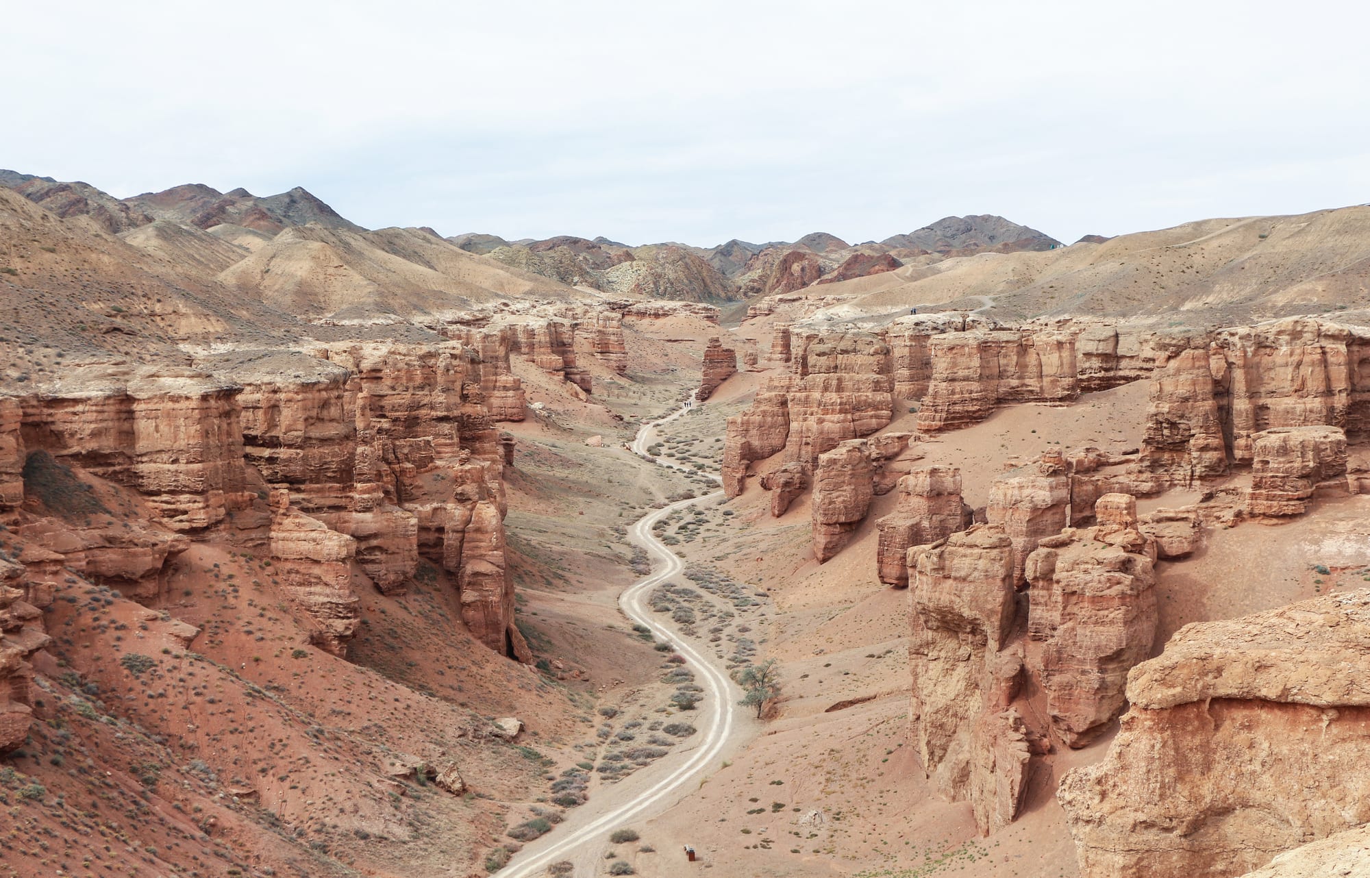 A dry river gorge winding between tall, castellated red cliffs, a person for scale