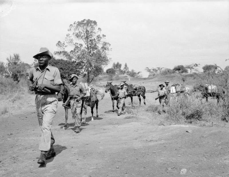 Colonial soldiers of the King's African Rifles on patrol during the Mau Mau emergency